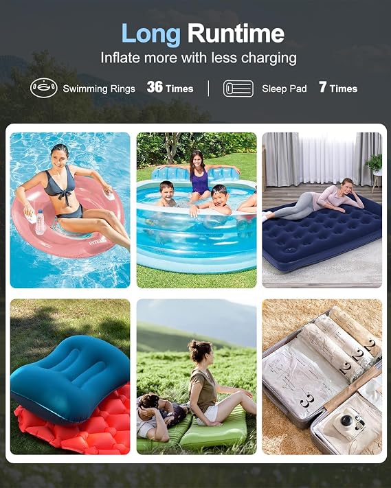 Portable Rechargeable Air Pump for Inflatables, 5 Nozzles, 350L/min Wind Speed & Camping Light Quick Inflation & Deflation Mini Electric Air Pump for Air Mattresses, Air Bed, Swim Rings, Pool Floats