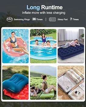 Portable Rechargeable Air Pump for Inflatables, 5 Nozzles, 350L/min Wind Speed & Camping Light Quick Inflation & Deflation Mini Electric Air Pump for Air Mattresses, Air Bed, Swim Rings, Pool Floats