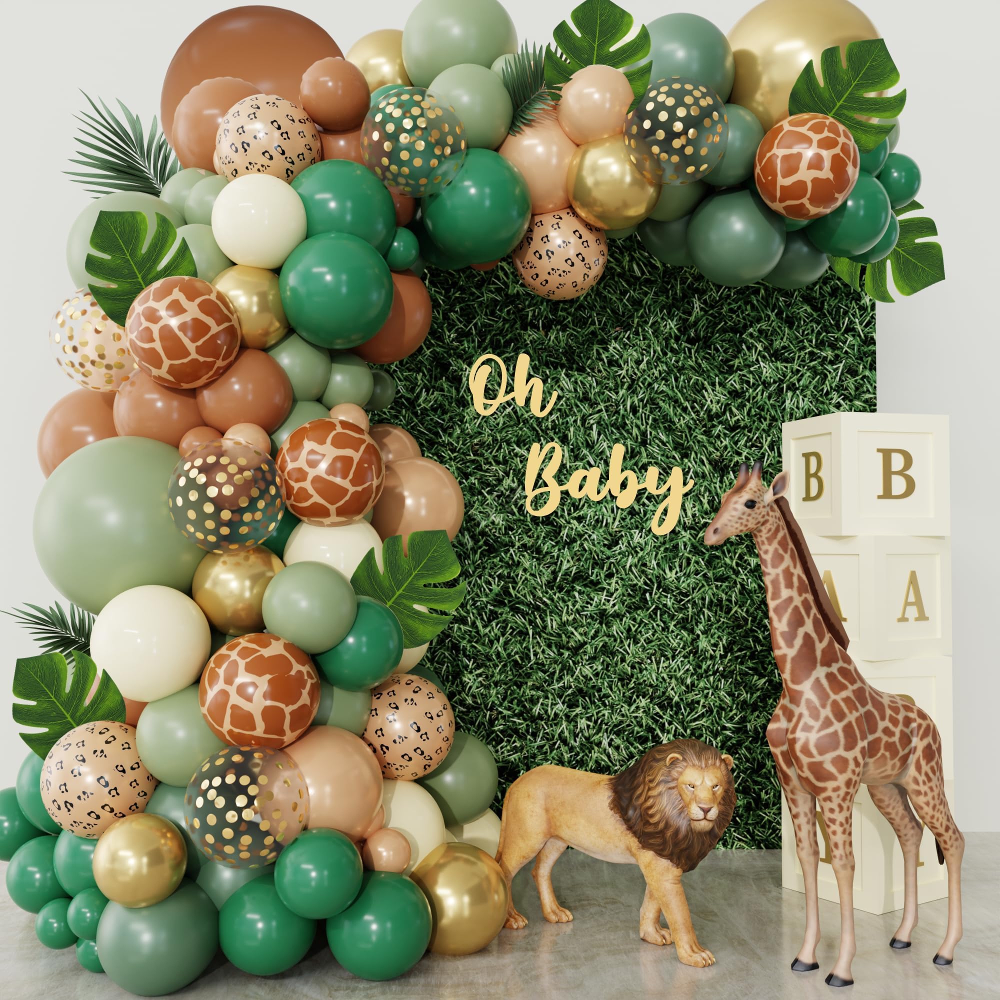 Jungle Safari Balloon Arch Garland Kit, Sage Green Brown Foil Animal Print Balloons Palm Leaves Wild One Safari Baby Shower Decorations for Boys Tropical Woodland Birthday Party Supplies 170 Pcs