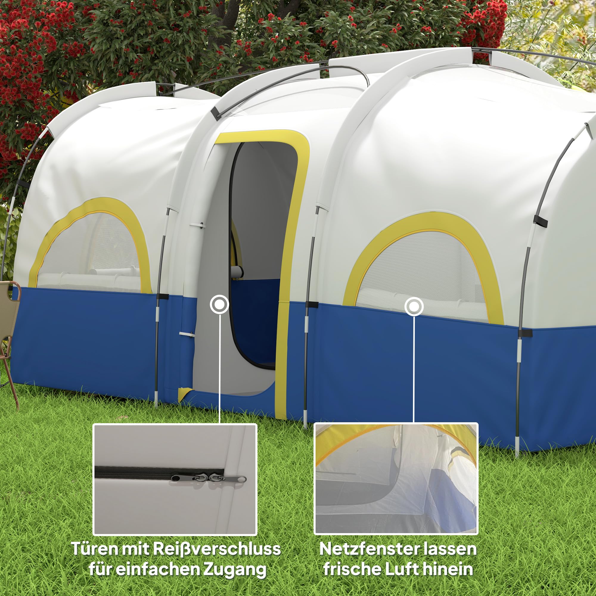 Outsunny Tunnelzelt, Campingzelt für 4 Personen mit 3 Raum, UV Schutz, Meshfenster, Winddichte Familienzelt mit Tragetasche, 3000mm Wasserabweisend groß Gruppenzelt für Garten, Camping, Blau