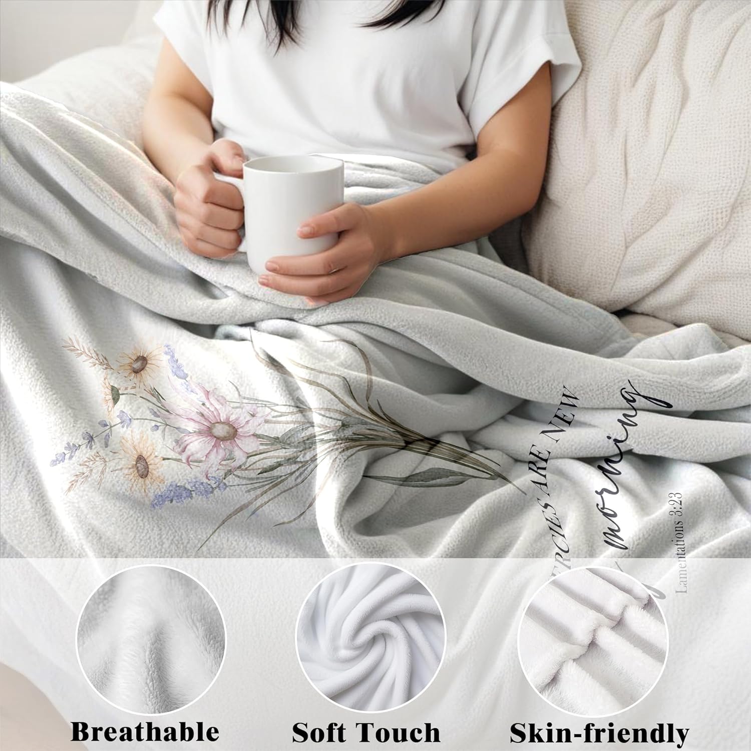 His Mercies are New Every Morning Christian Blanket, Boho Floral Christian Bible Verse Flannel Throw Blankets for Women, Religious Prayer Hug Blankets for Bedroom Living Room Couch Sofa,50x60 Inch - Image 3