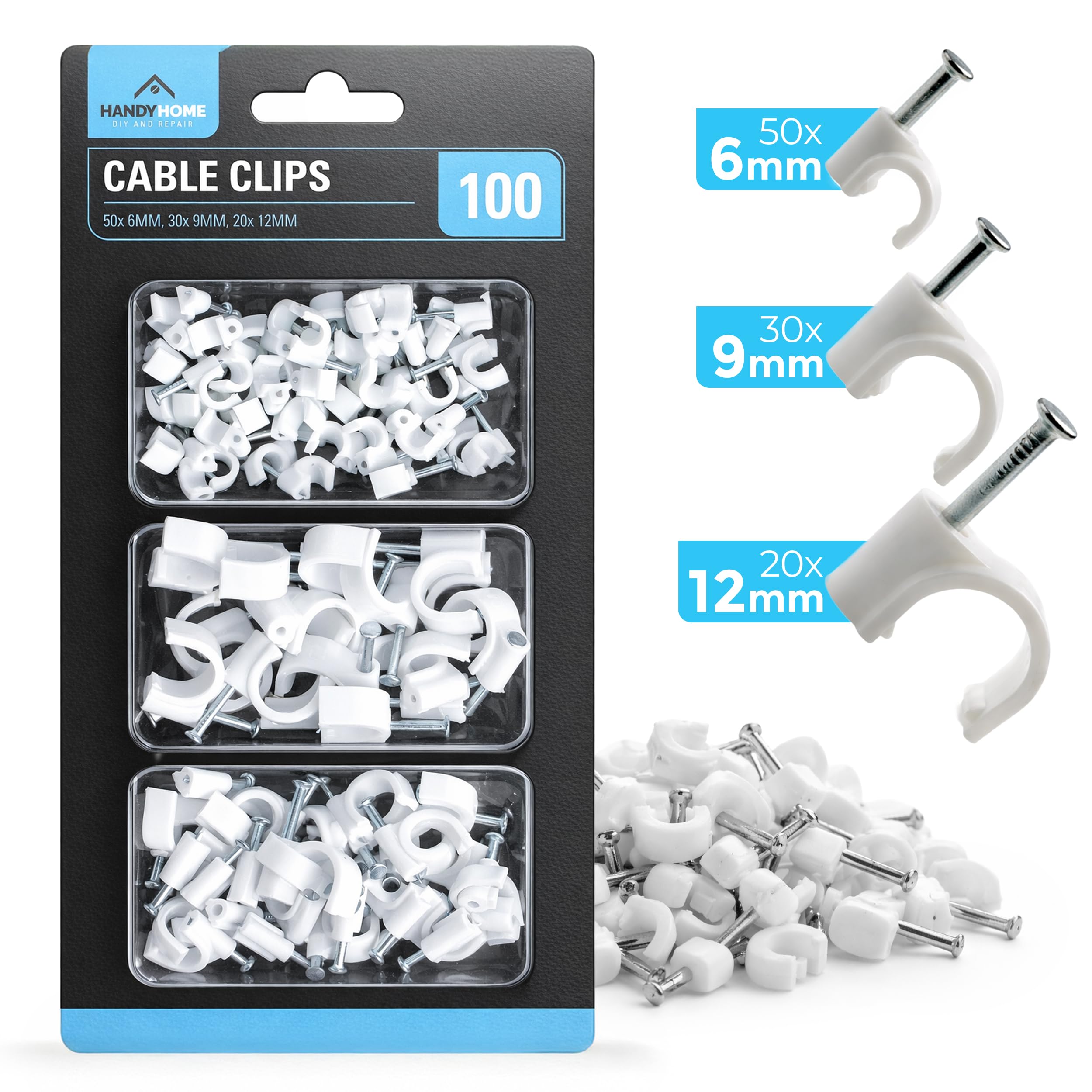 SOL 100pk Cable Clips 6mm,9mm, 12mm Wire Holders for Cables Cord Organisers Wall Mount Fixings Plastic Fasteners for Home Office Desk Television Computer Wiring Management Tidy Installation DIY Use