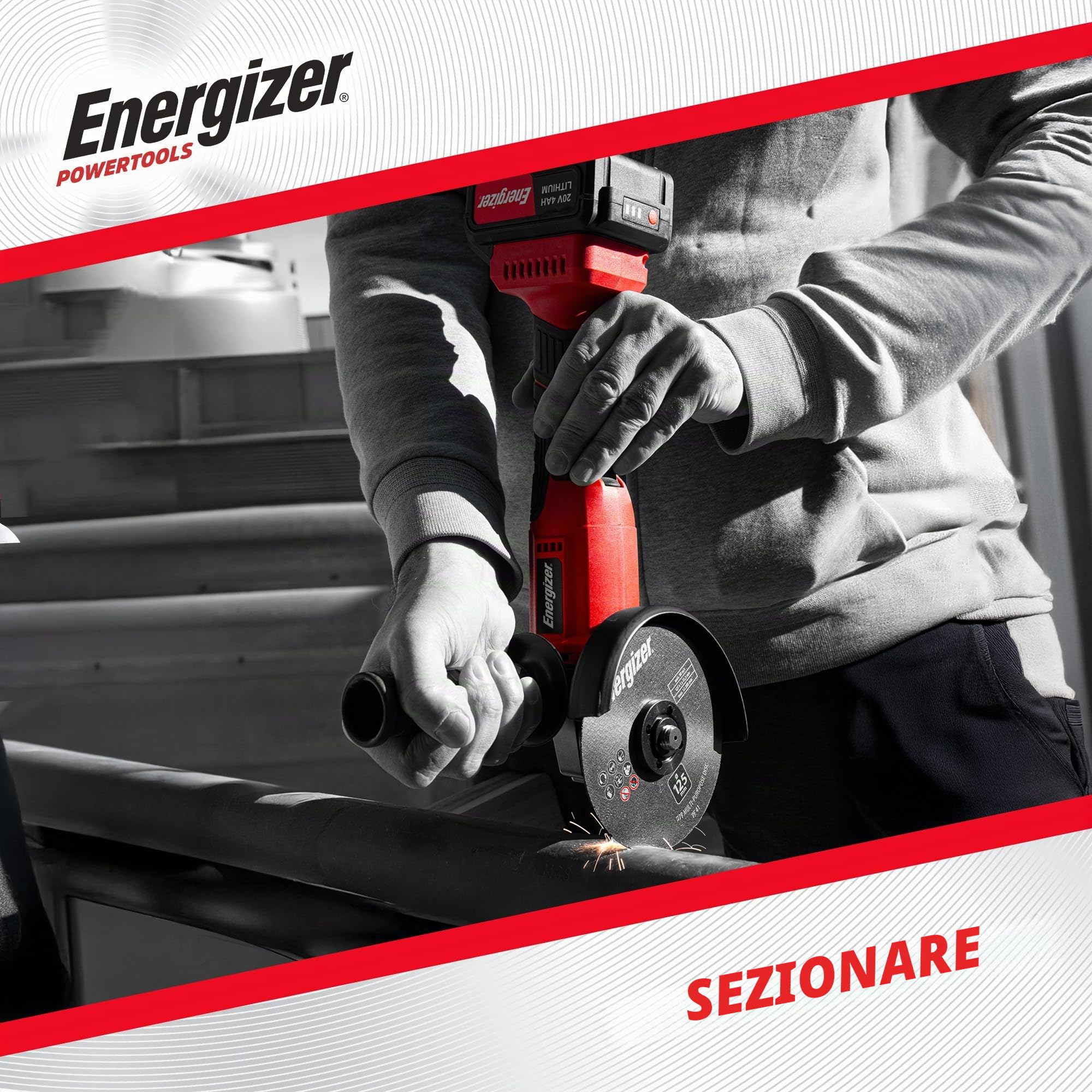 Energizer Smerigliatrice angolare senza fili 20 V – 8000 RPM, disco 125 mm, alloggiamento di protezione, interruttore di sicurezza, batteria 20 V e caricatore inclusi