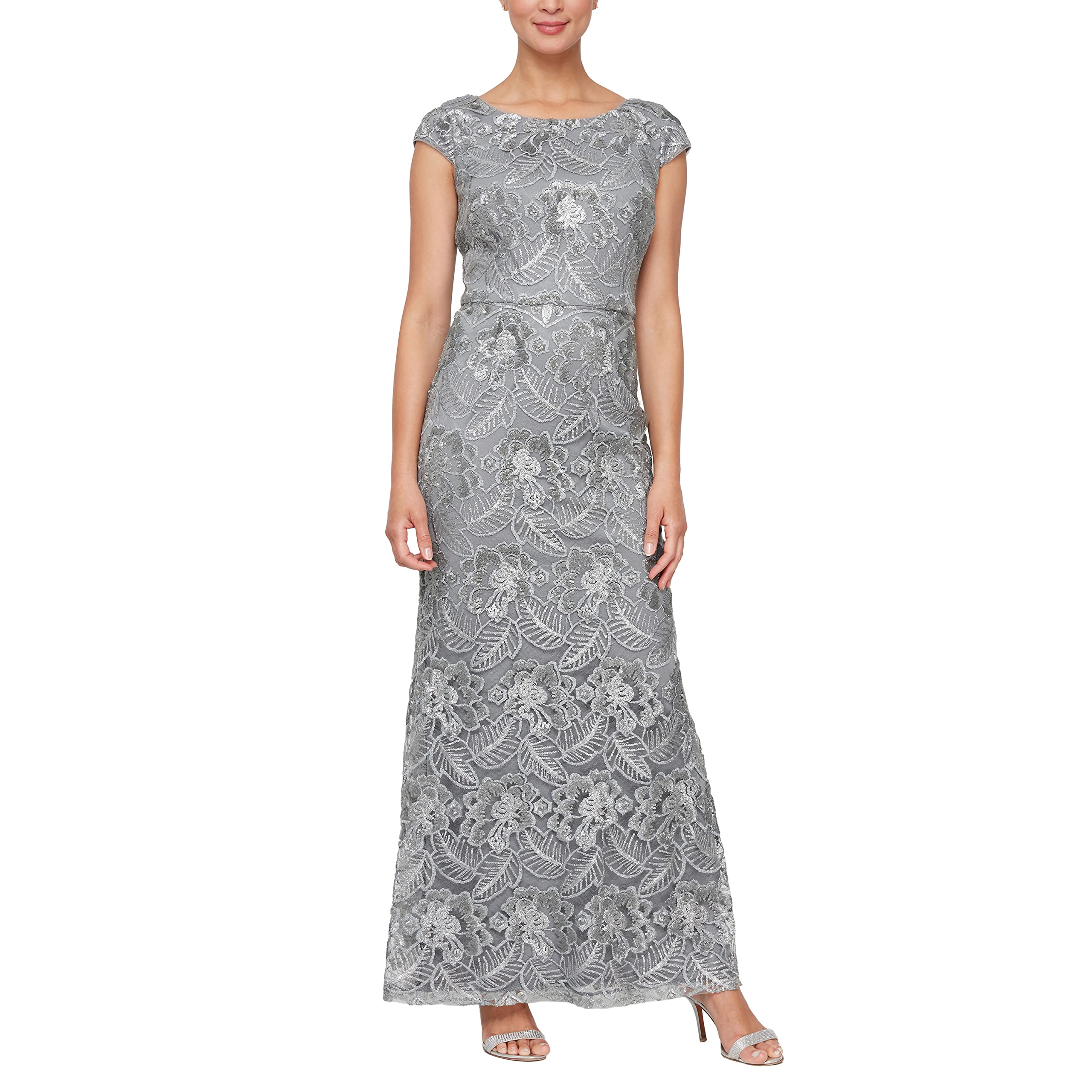 Alex Evenings Women's Long Embroidered Cap Sleeve Dress: 8 Charcoal