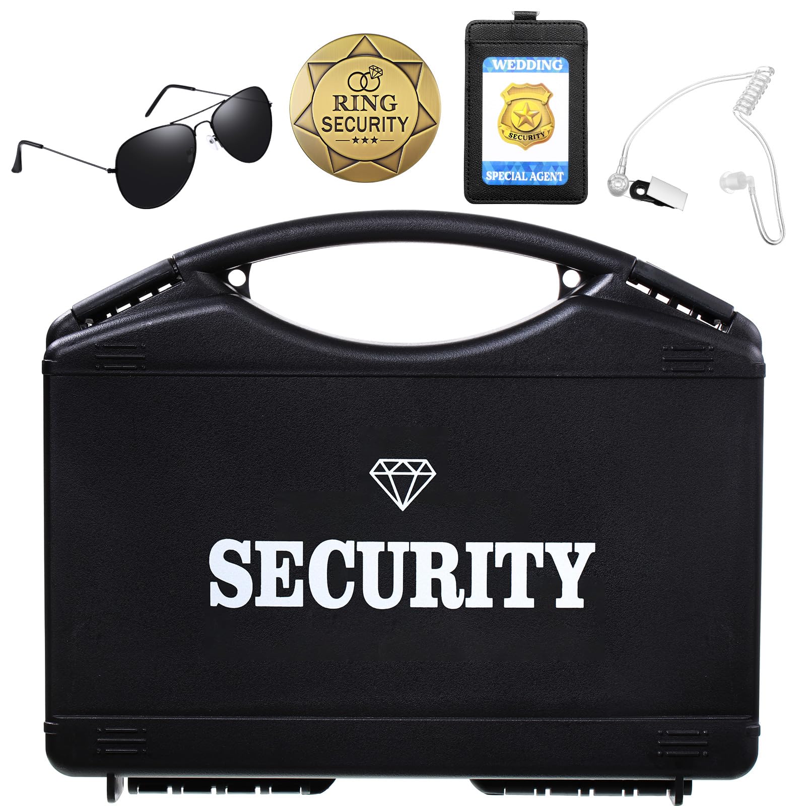 Wedding Ring Security Box Bearer Suitcase with Earpiece Earplugs Headset and Sunglass Metal Ring Badge ID Card Holder