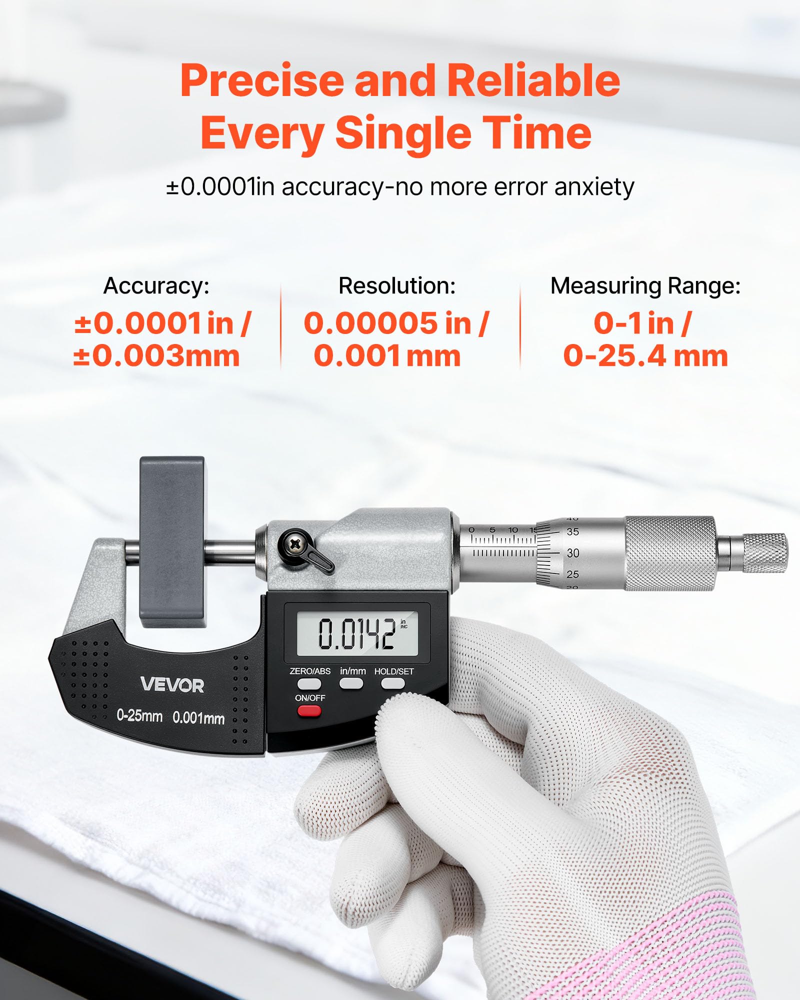 VEVOR Micrómetro Digital para Exteriores, Rango de Medición 0 a 25,4 mm, Resolución 0,001 mm, Precisión Ultrarrápida de 0,0001, Pantalla LCD, Punta de Carburo y Estuche Protector, 165 x 60 x 25 mm