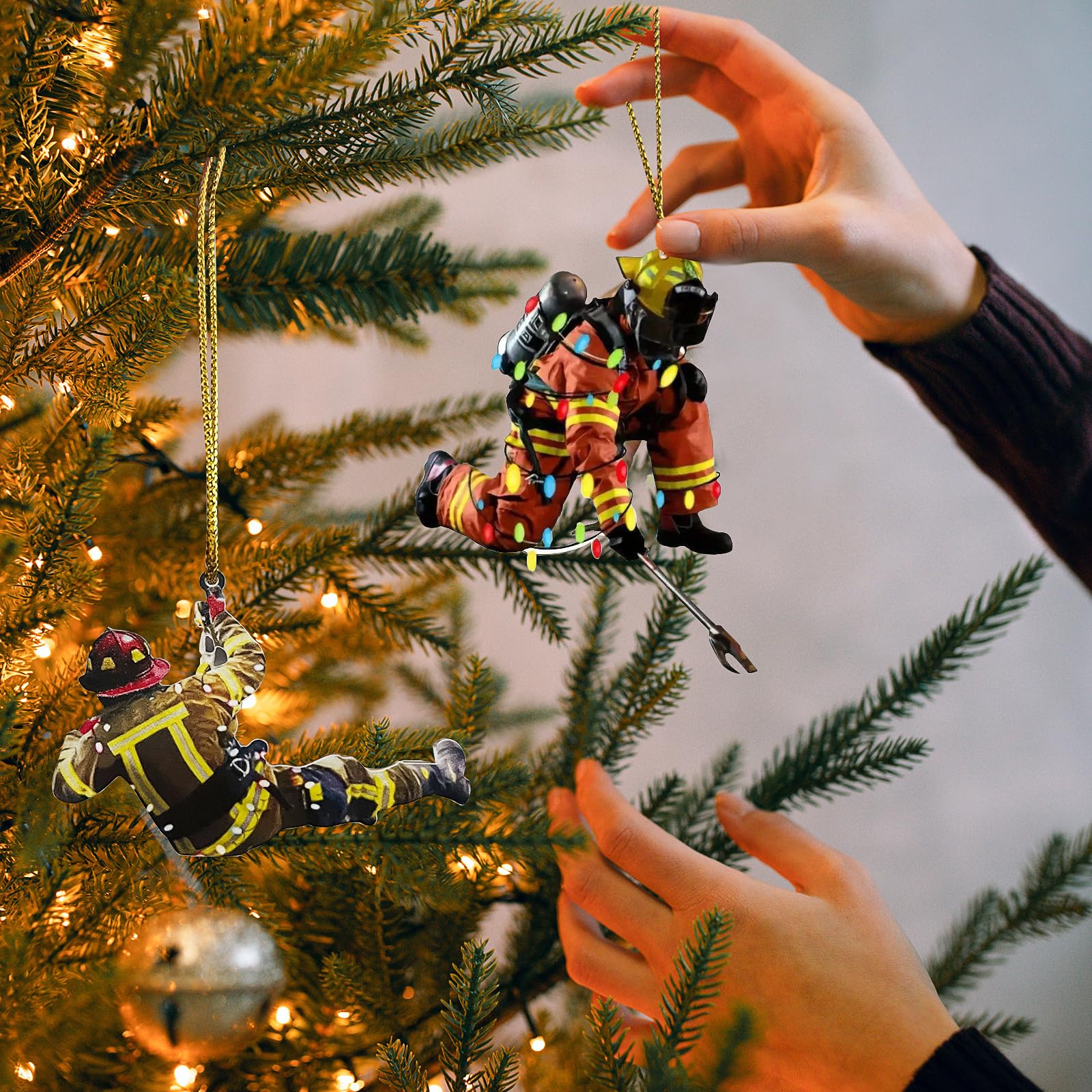 6 Ciondoli Pompieri Natalizi In Acrilico – Ornamenti Per Albero Con Cordini, Decorazioni Per Parete E Finestra, Regalo Simbolico