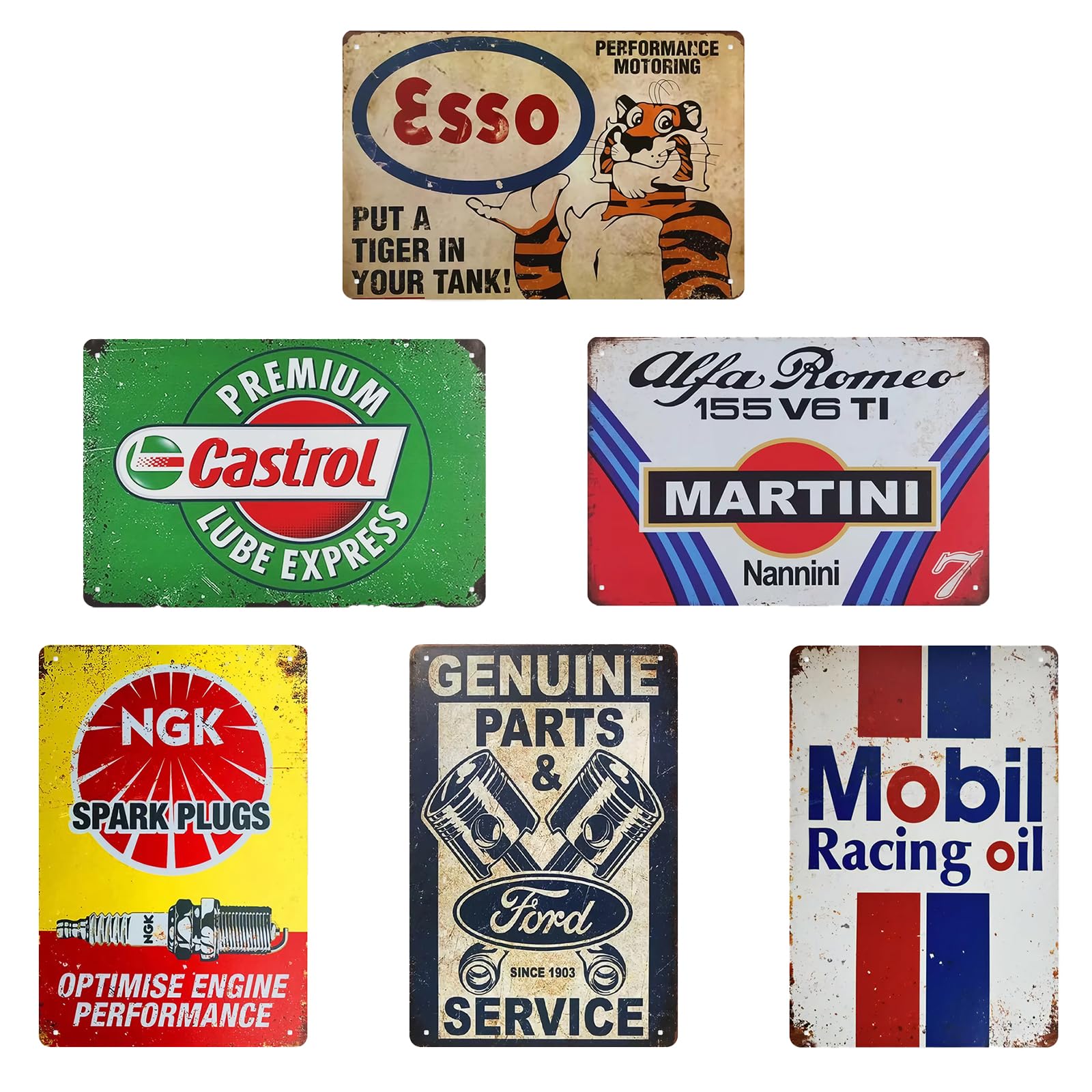 Rongxze Set of 6 Vintage Metal Signs (20 x 30 cm) Tin Signs - Retro Wall Decoration for Garage, Workshop, Bar | Classic Automotive Wall Art, Fathers Day