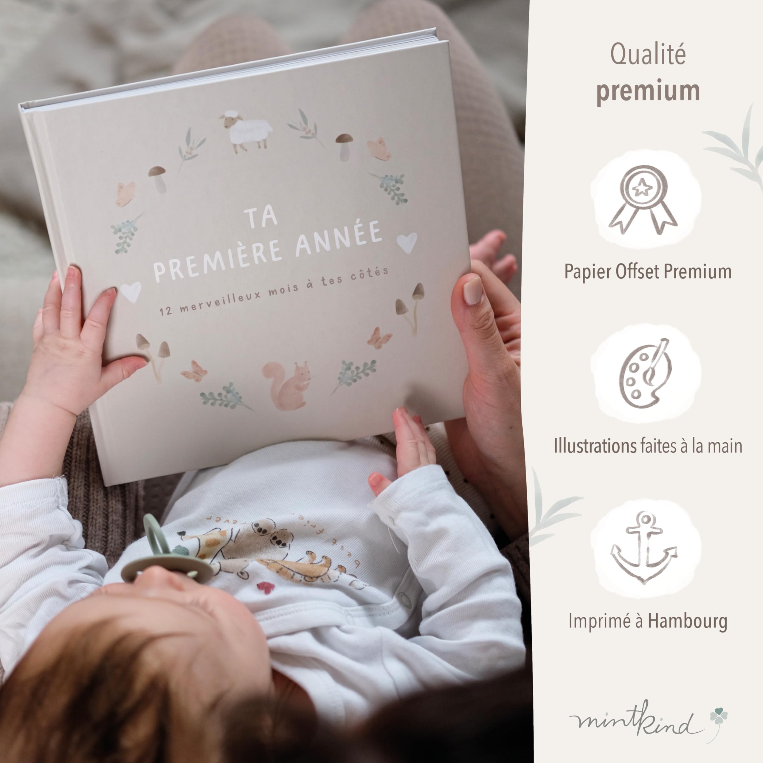 Livre naissance bébé mintkind® "Ma première année" forêt | Livre de naissance personnalisé | Cadeau nouveau-né pour fille et garçon | Journal de naissance à partir de 0 mois | Album de naissance