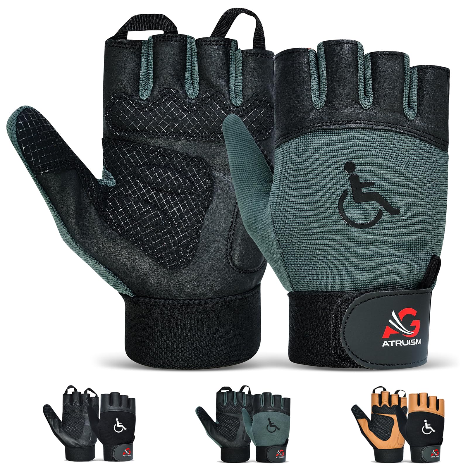 ATRUISM GEAR Wheelchair Gloves, Real Leather Palm, Fingerless, Padded, Anti-Slip Grip, Breathable, Unisex (Grey, M)