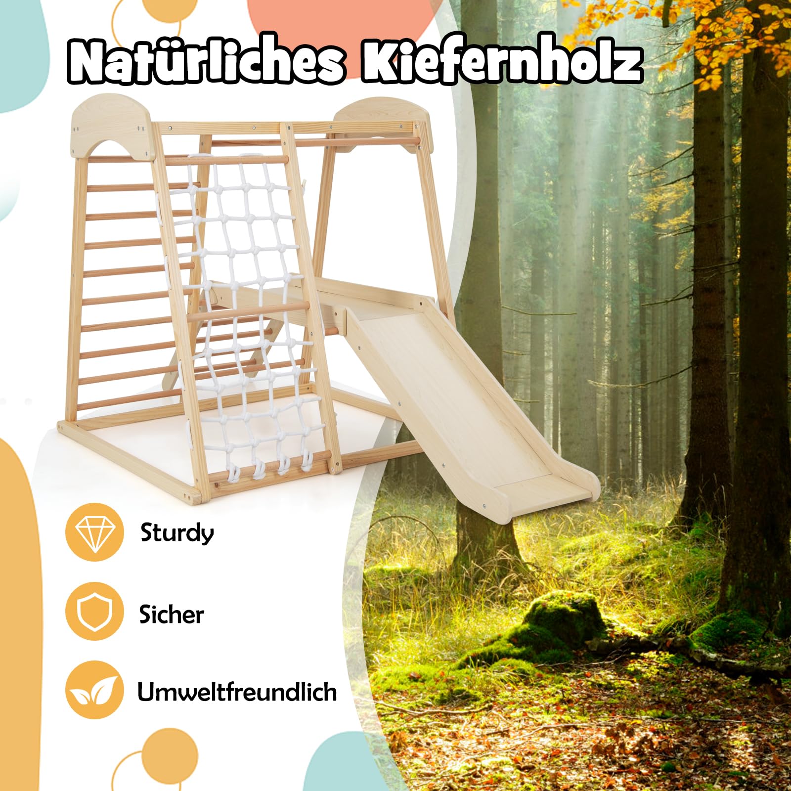 DREAMADE Klettergerüst Indoor Kletterspielzeug mit Rutsche Kletterleiter Kletternetz Affenstange, Spielturm Spielplatz Montessori Kletterdreieck aus massivem Kiefernholz für Kinder ab 1 Jahr (Natur)