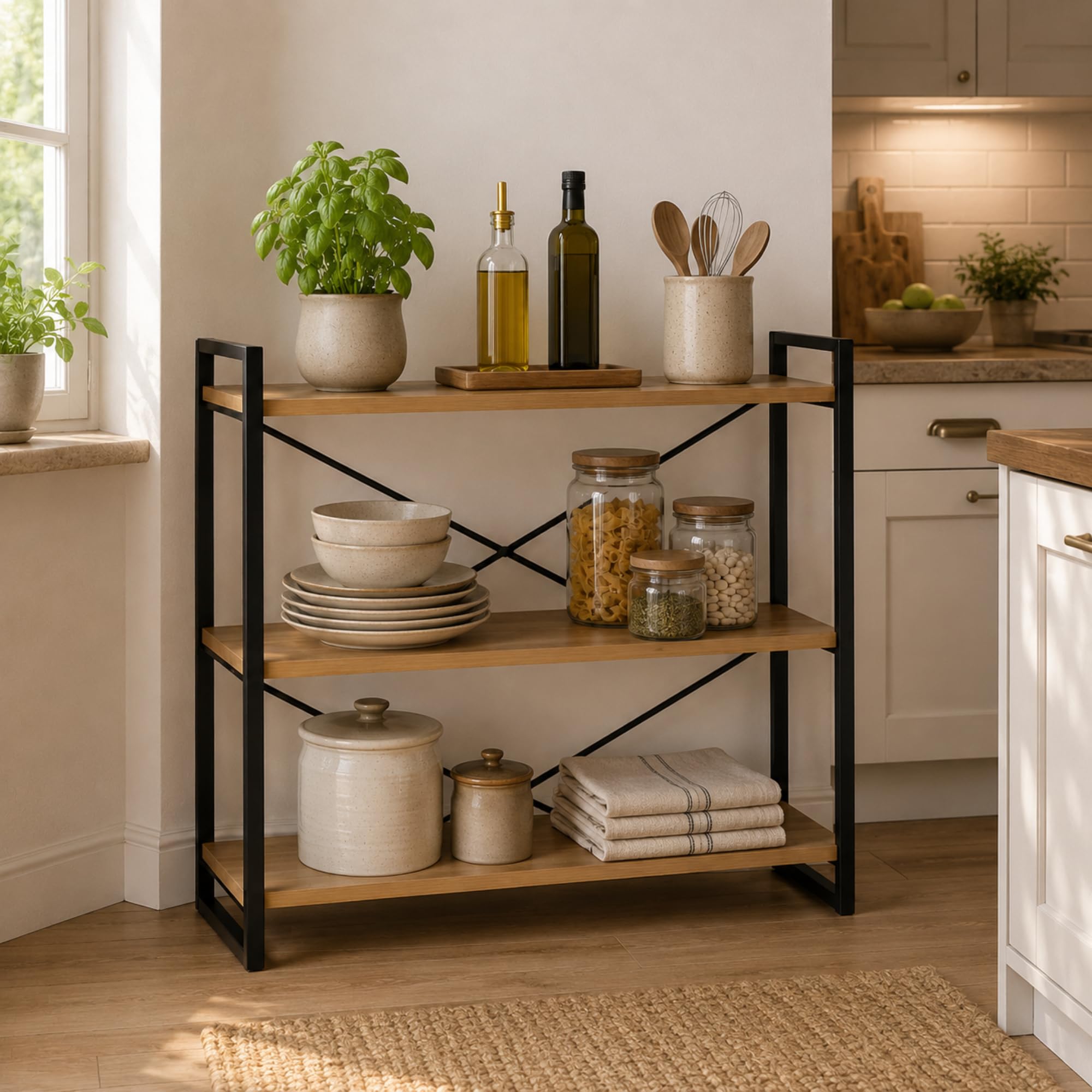 MAKA Scaffale con Struttura in Metallo Soggiorno, Libreria Bassa con 3 Ripiani in Legno, Scaffalatura Bassa Moderna per Bagno, Cucina, Camera da Letto, Facile da Montare, 80x33x66 cm (3 Ripiani)