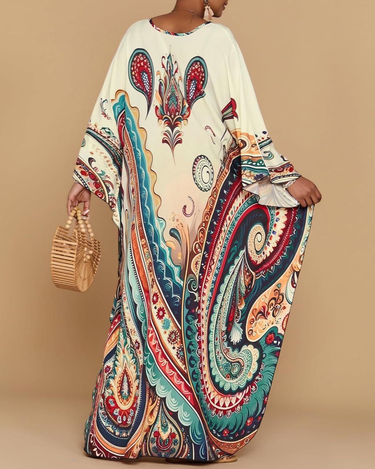 Bsubseach Kaftan Dresses for Women Ethnic Print Plus Size Beach Cover Ups Batwing Sleeve Caftans with Pockets - Image 5