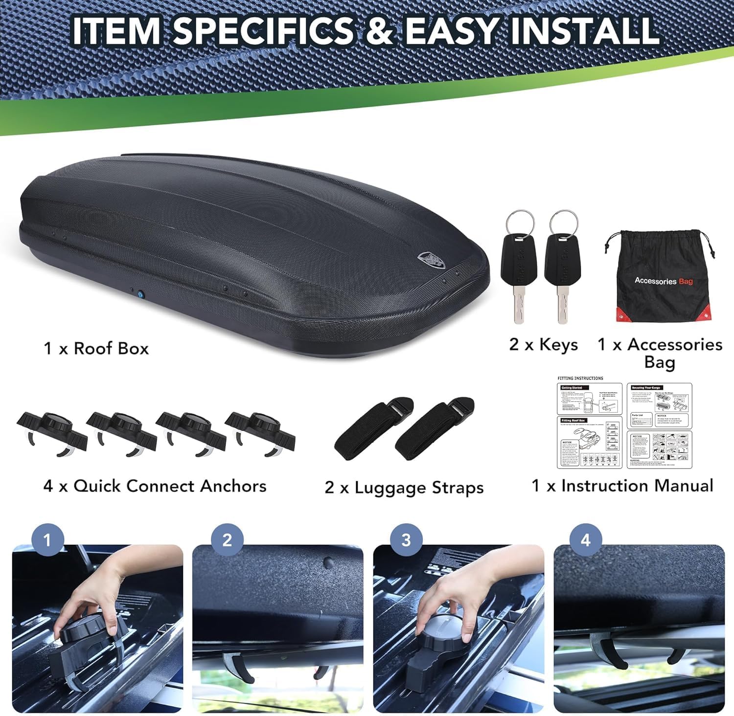 Rooftop Cargo Box Carrier 14 Cubic,Hard Shell Rooftop Cargo Carrier Dual-Side Opening for Car Storage,165Lbs Weight Capacity with Secure Straps&Keys