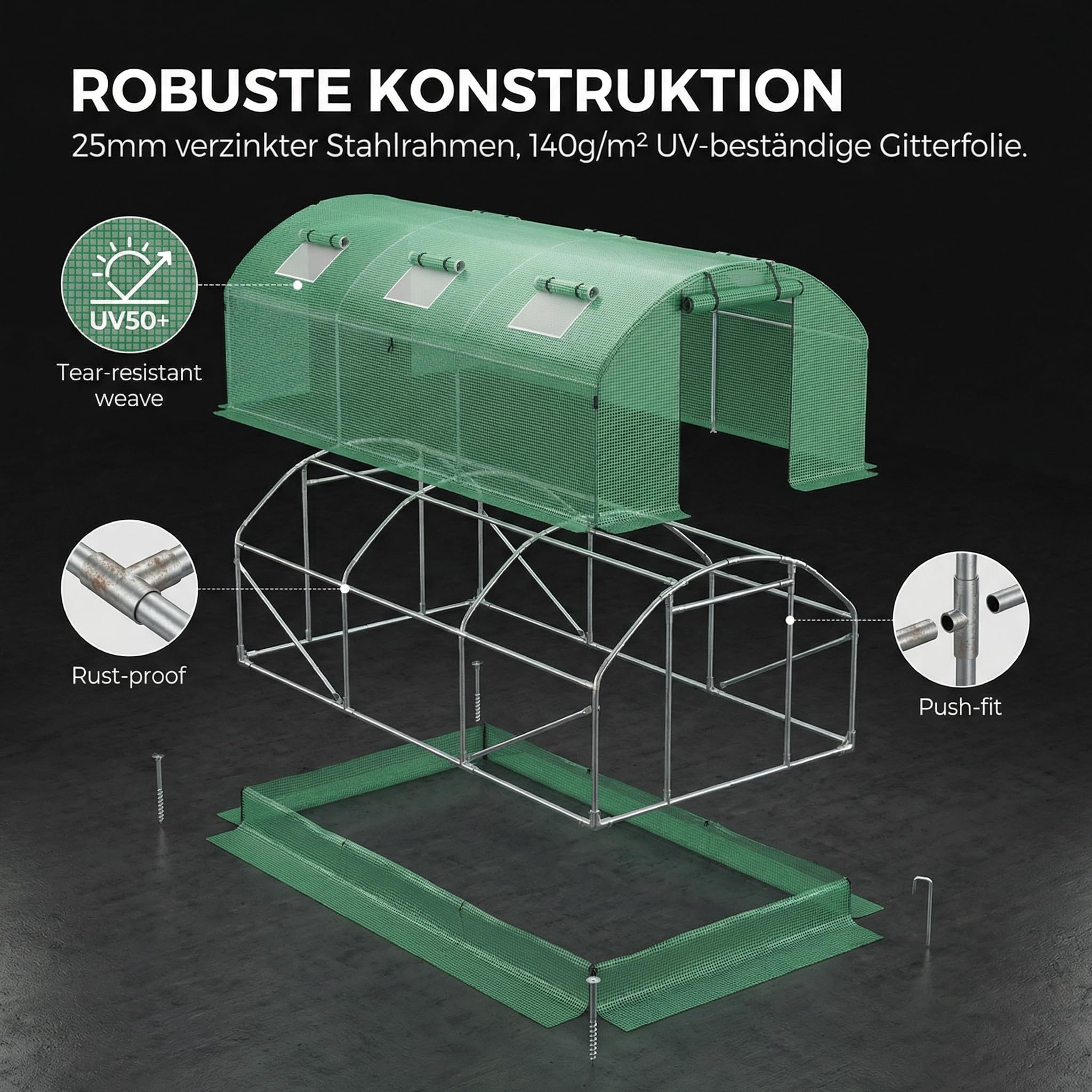 300 x 400 x 200 cm, szklarnia foliowa, odporna na warunki zimowe ze stalową ramą 25 mm, 140 g/m² PE UV50+, 4 okna i 2 drzwi, domek na pomidory z kotwami gruntowymi i linami napinającymi