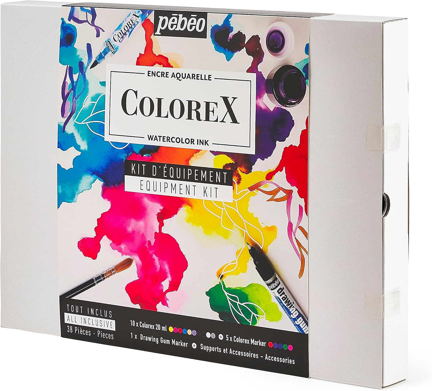 Pebeo Set Drawing & Illustration Kit Watercolour Ink 10 Colours 20 ml, 4 Colorex Marker and 18 Accessories, Non Applicable, Détails En Description