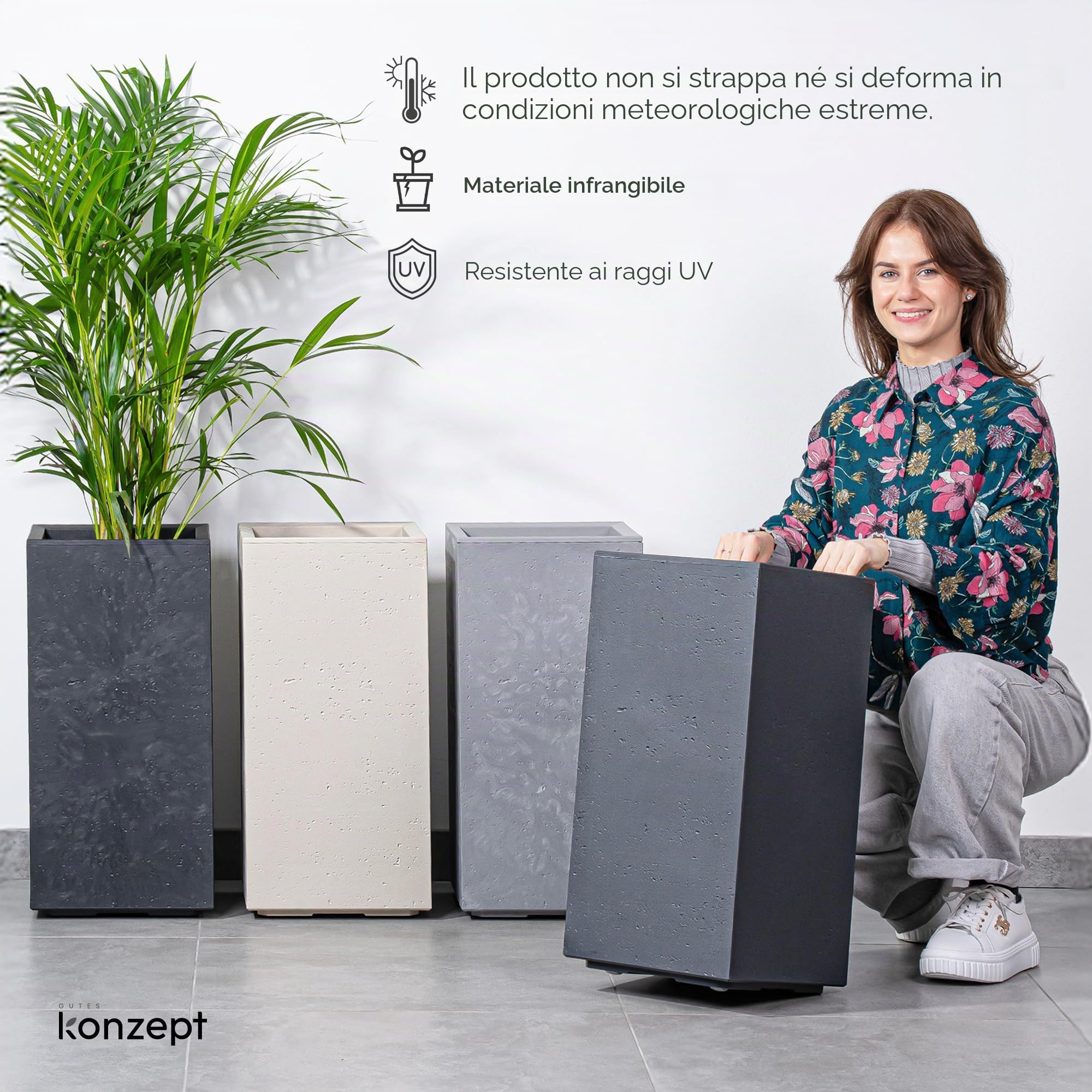 KONZEPT Vaso per piante grande alto in stile cemento con ruote e drenaggio, 28,6 x 28,6 x 59,4 cm – per interni ed esterni, Beige