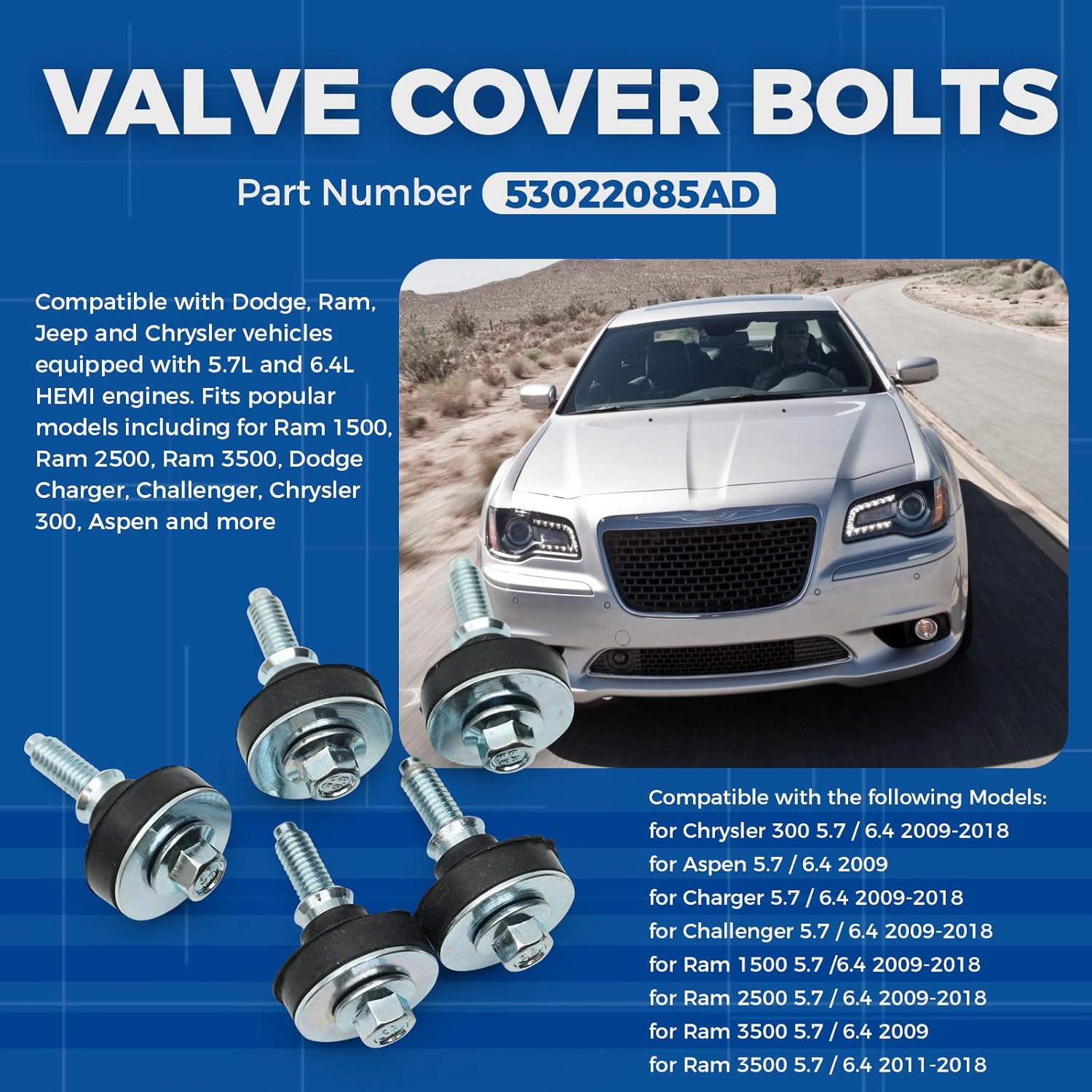 53022085AD Valve Cover Bolts Replacement for Dodge Ram Jeep Chrysler 5.7L 6.4L HEMI Engine, Cylinder Head Valve Cover Mounting Hardware Bolts for Ram 1500 2500 3500 Charger Challenger 300, 20PCS