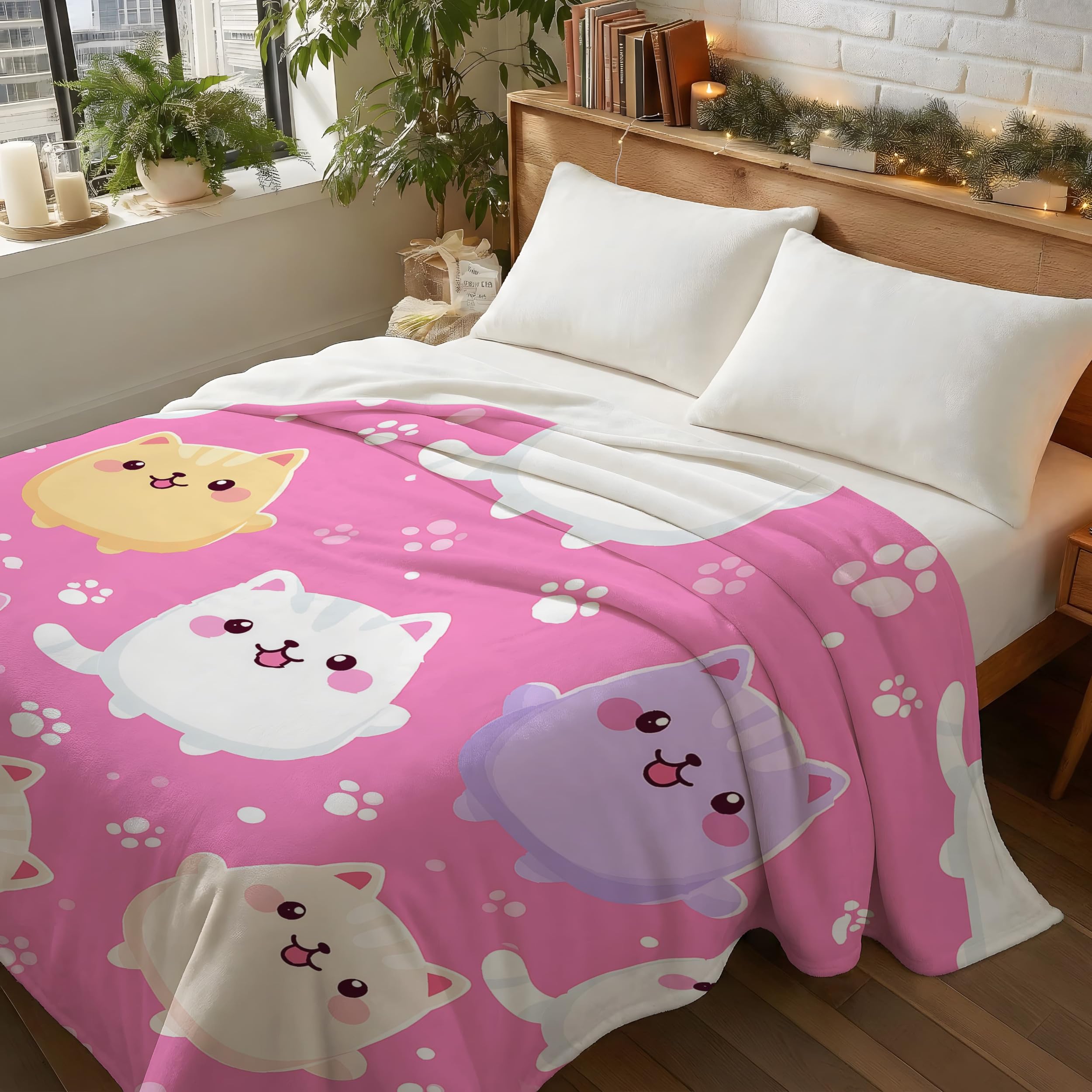 Genérico Oryginalne i zabawne prezenty - różowe brzoskwiniowe koce na walentynki Boże Narodzenie rocznica - Premium Microfiber krata koty śliczne łapy koc flanelowy 150 x 200 cm