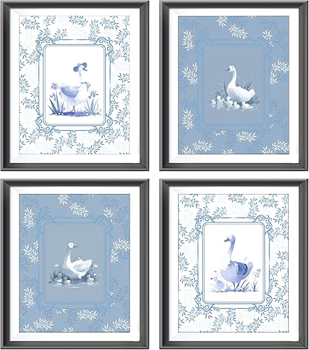 AEHIE Impresión artística vintage de ganso, póster de flores retro azules, decoración de pared, diseño rústico de animales lindos y rústicos, para