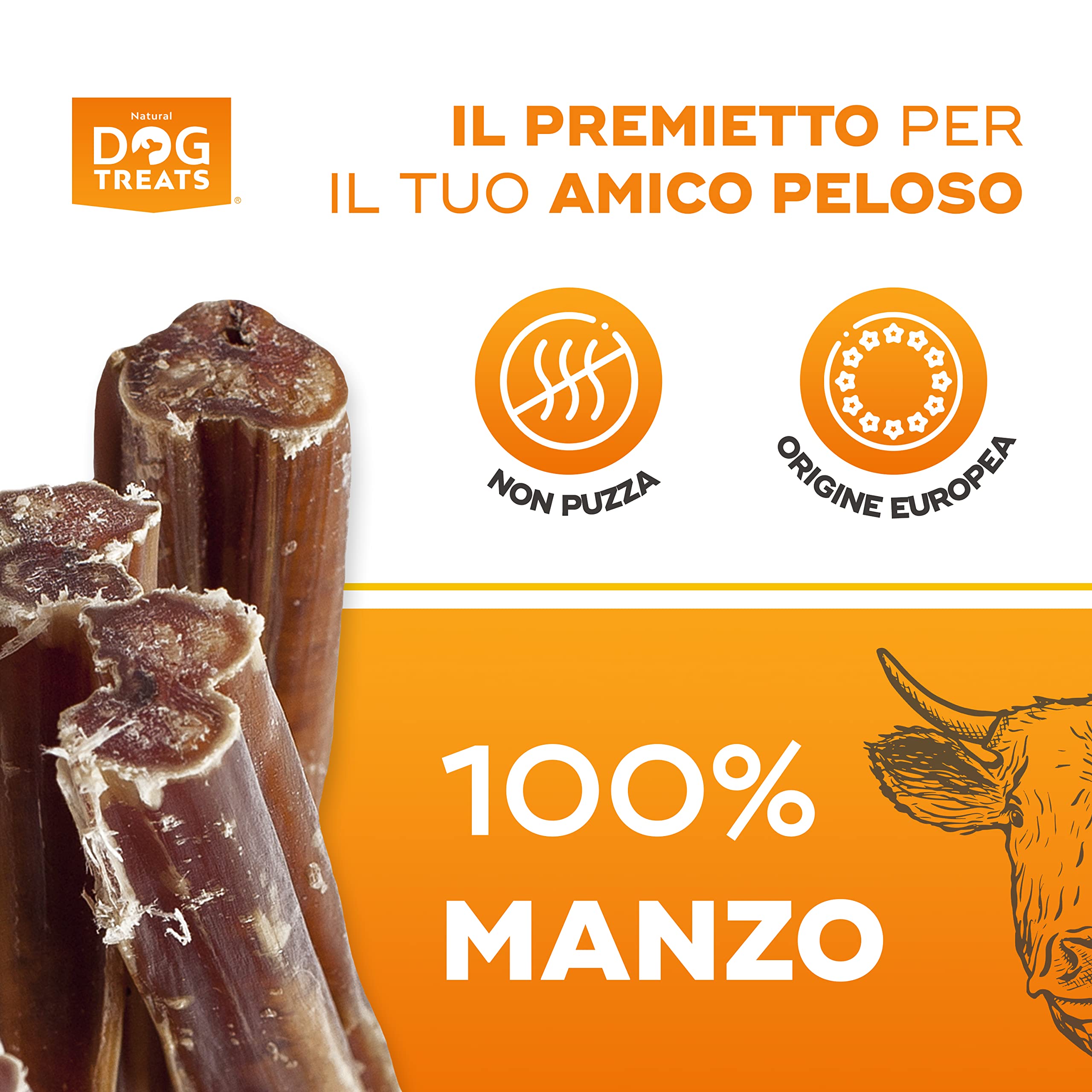 Natural Dog Treats - Bastoncini di Manzo per Cani - Nervo di Bue da Masticare - Snack 100% Naturali - 5 pezzi