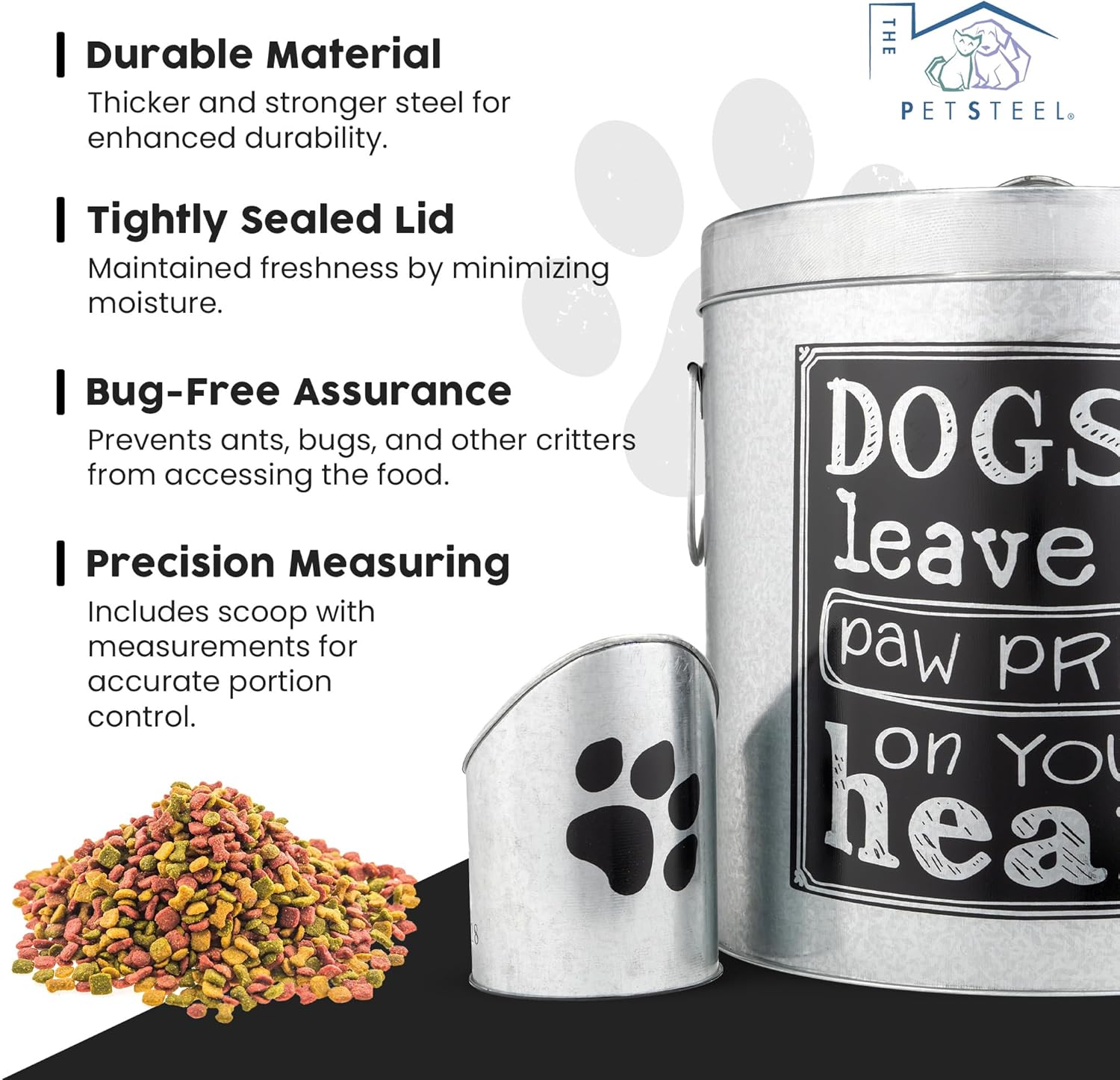 Silver Large Rustic Up to 50lb Pet Food Storage Container. Farmhouse and Rustic Look. Large Canister with Scoop. No More Plastic Containers