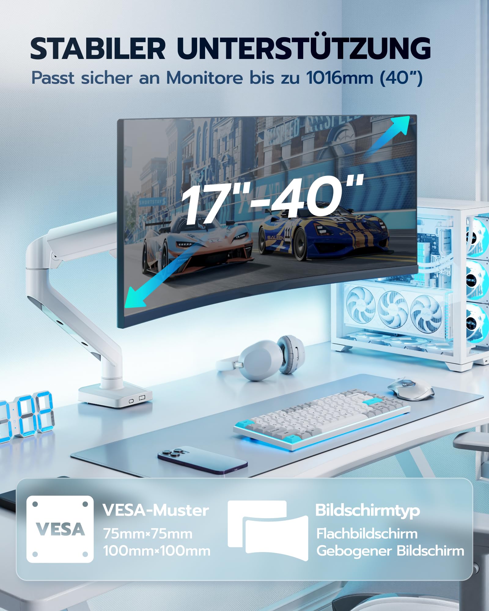 ARES WING Monitor Halterung für 17"-40" Flach Curved Bildschirm, Höhenverstellbar Bildschirmhalterung, Monitor Arm Tragfähigkeit Max 12 kg, 75/100mm Vesa-Halterung, Weiß