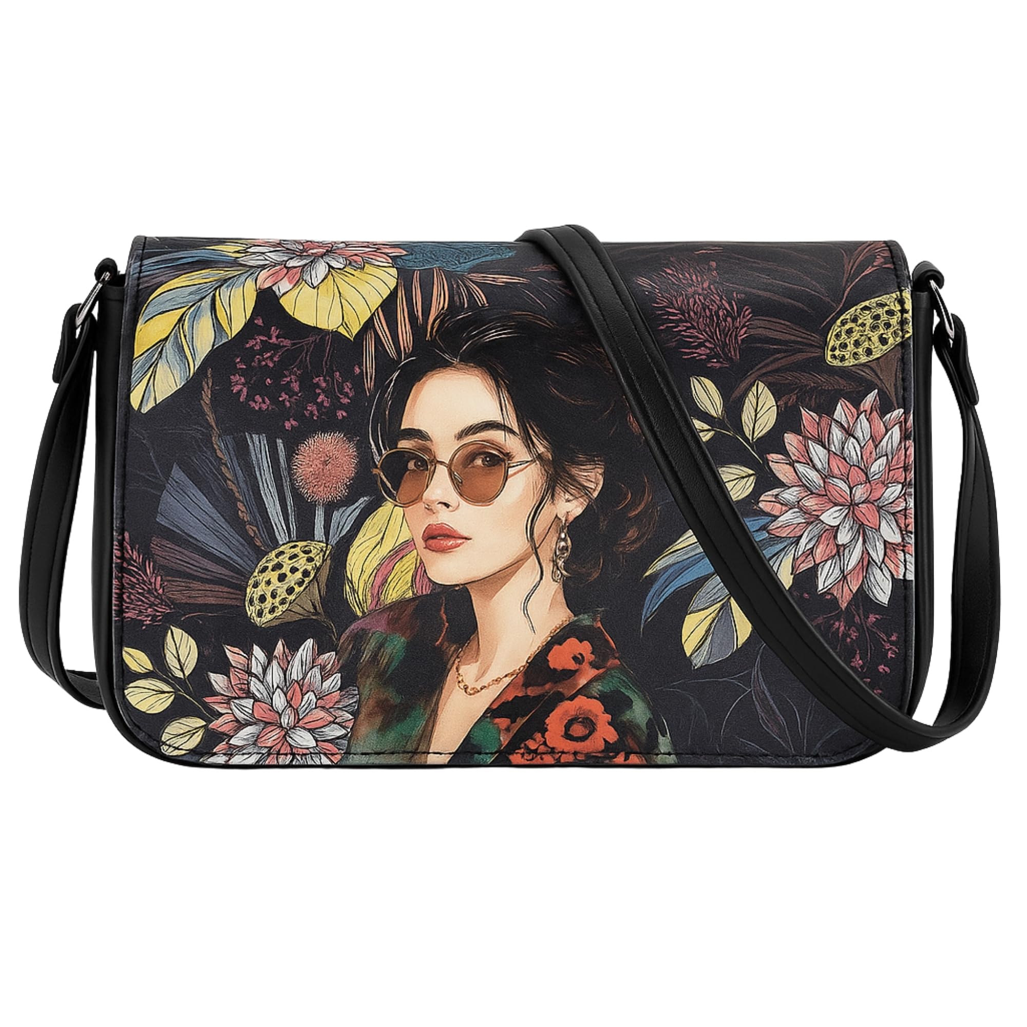 Floral Art Print Crossbody Bag Leather Black Sling Bag with Magnetic Closure-image-14