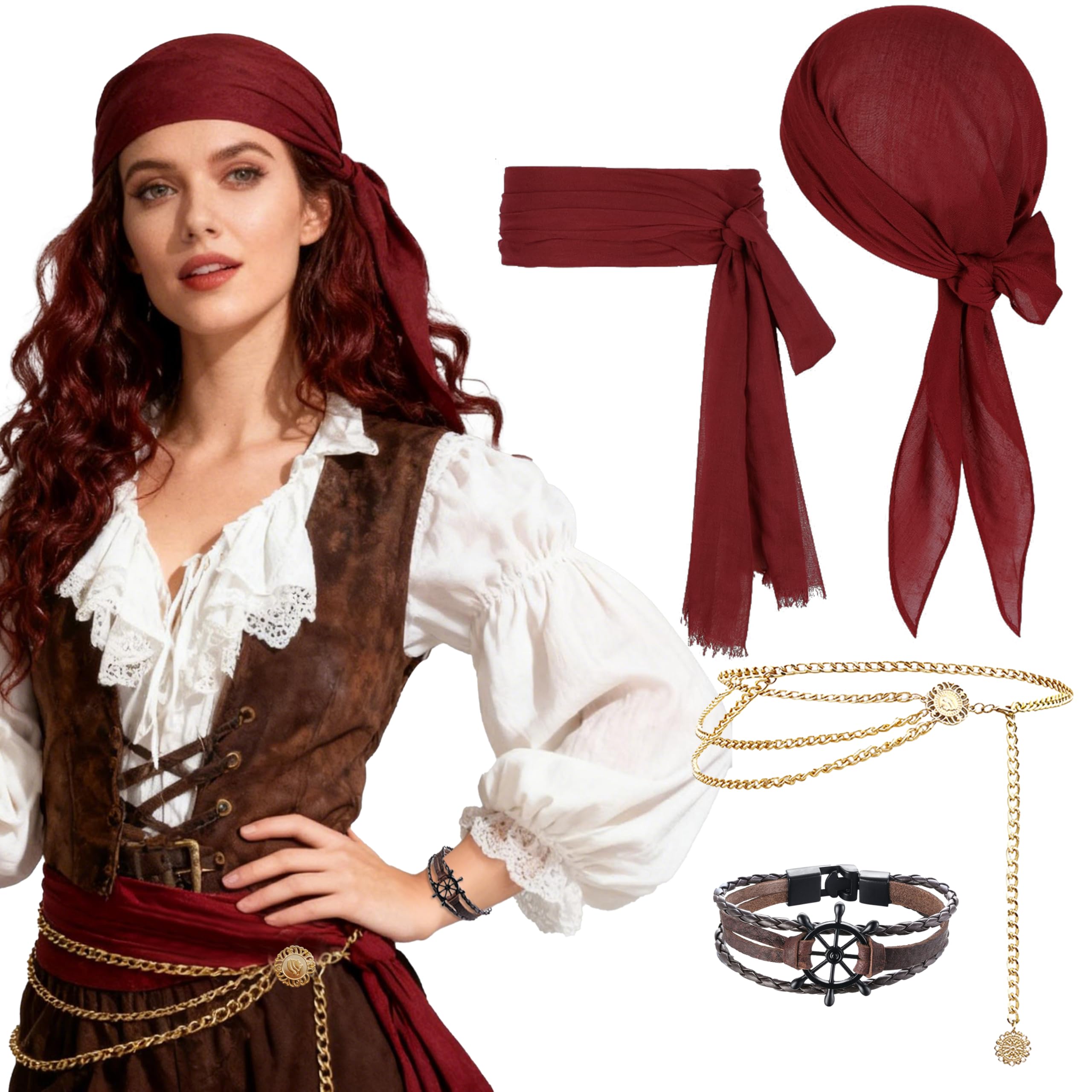 CATMEYE 4-Piece Pirate Costume Accessories Set for Adults, Skull Bandana, Belt - Image 4