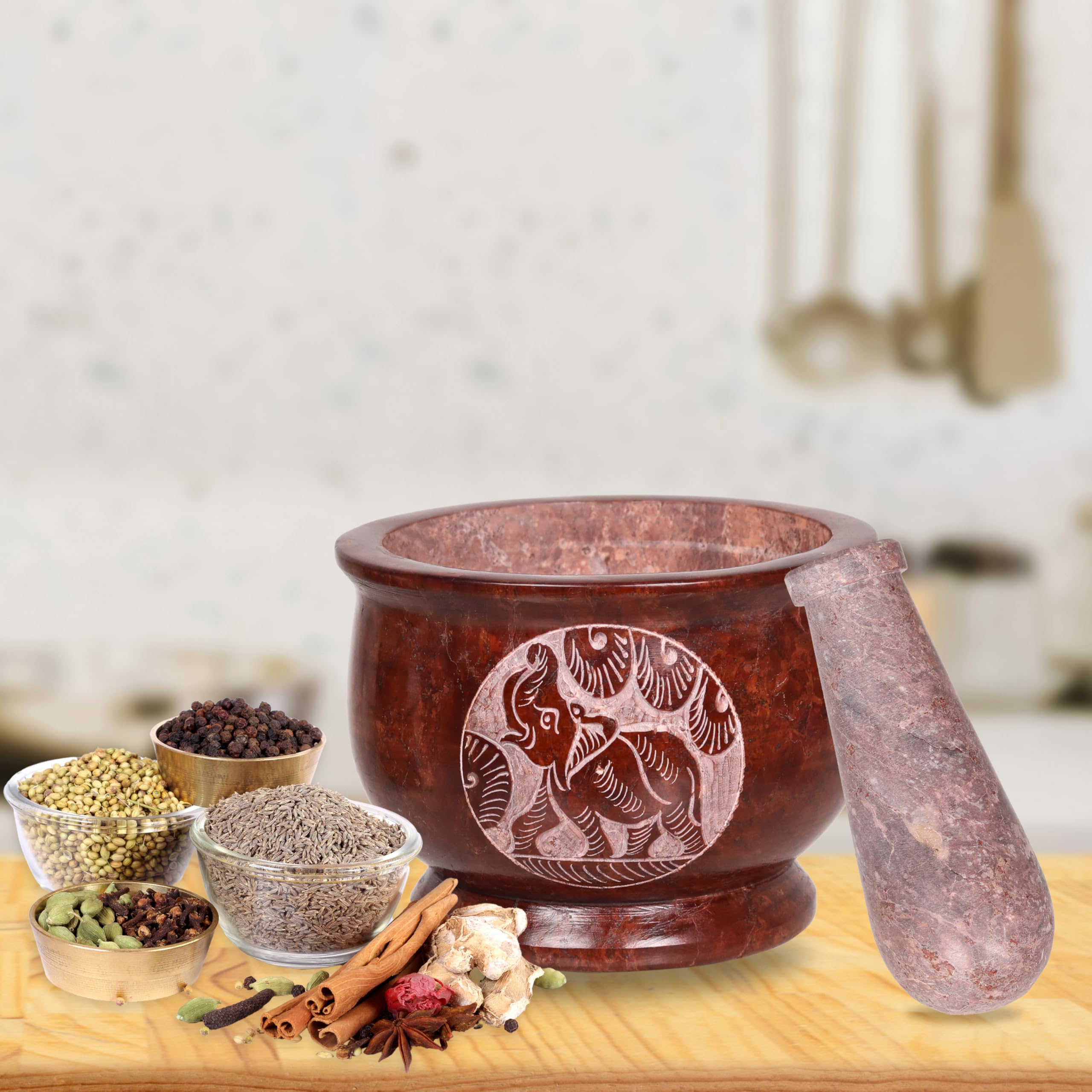 Mortero y mortero, hecho de piedra dura pulida resistente, amoladora de piedra natural para especias, pastas, hierbas, condimentos, etc. (Brown Elephant)