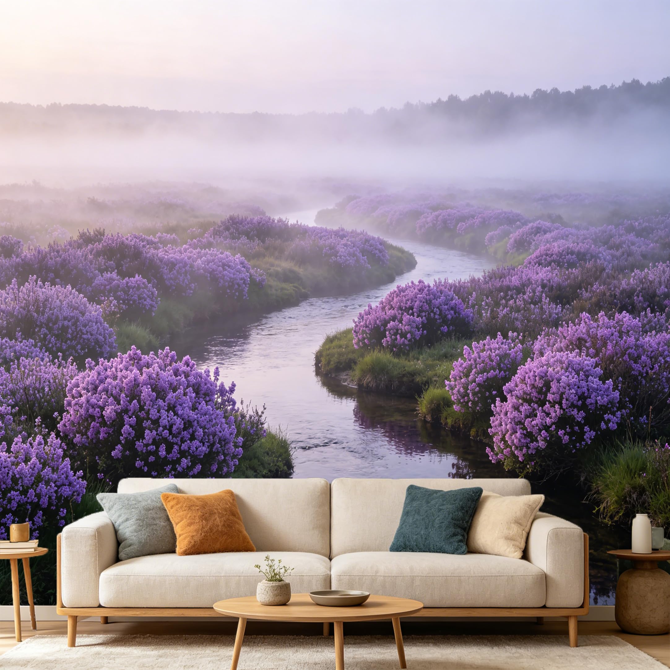 Custom Size Wall Mural Landscape Misty River Purple Flowers Forest Morning Fog SelfAdhesive Art Prints wall Fabric（No PVC） Removable Wallpaper Home Bedroom Decor