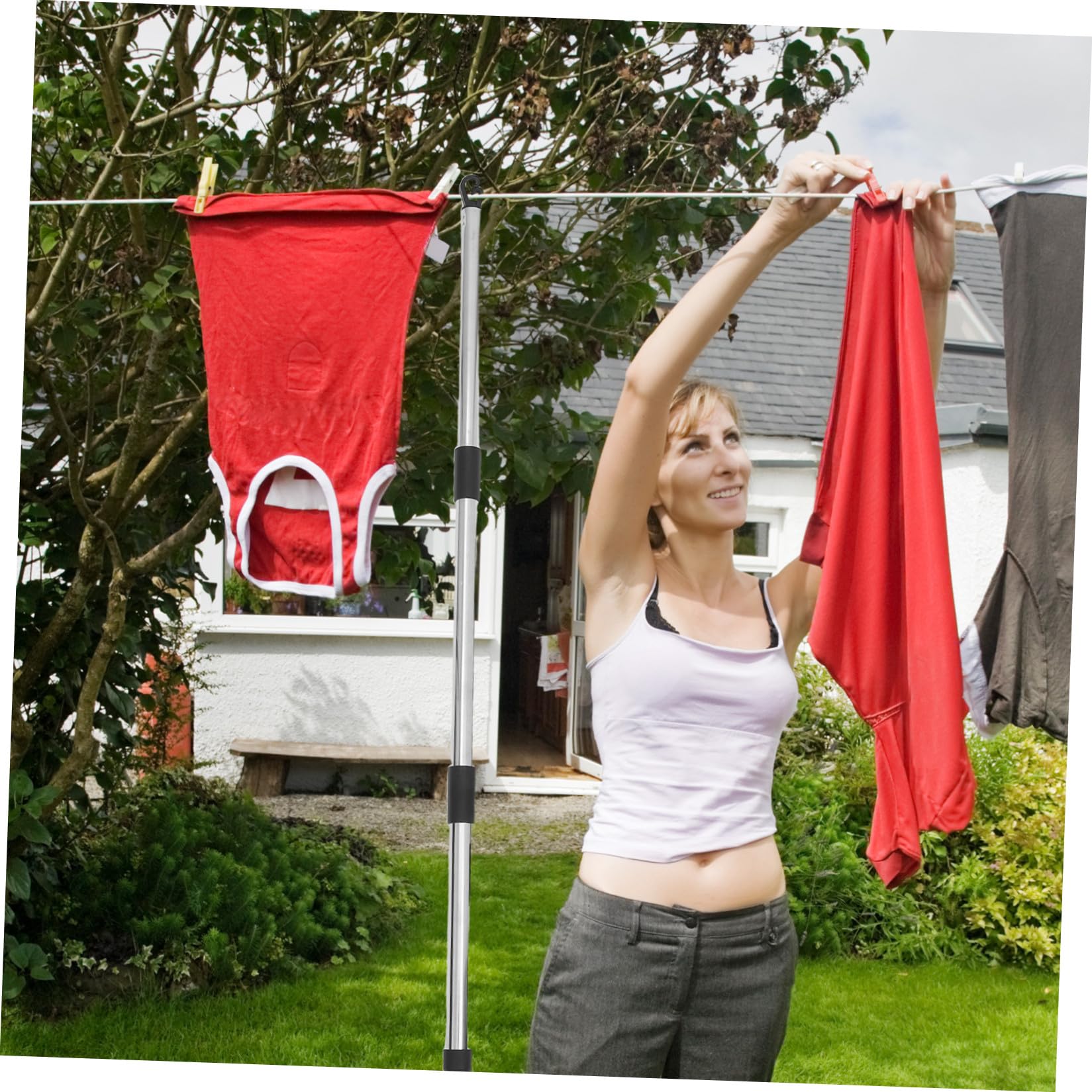 GALPADA Robuste Wetterfeste Wäscheleine 10m mit Abnehmbarer 22m Wäschestange Haken Clips Verstellbares Outdoor Wäscheleinen Satz für Camping Garten und Balkon