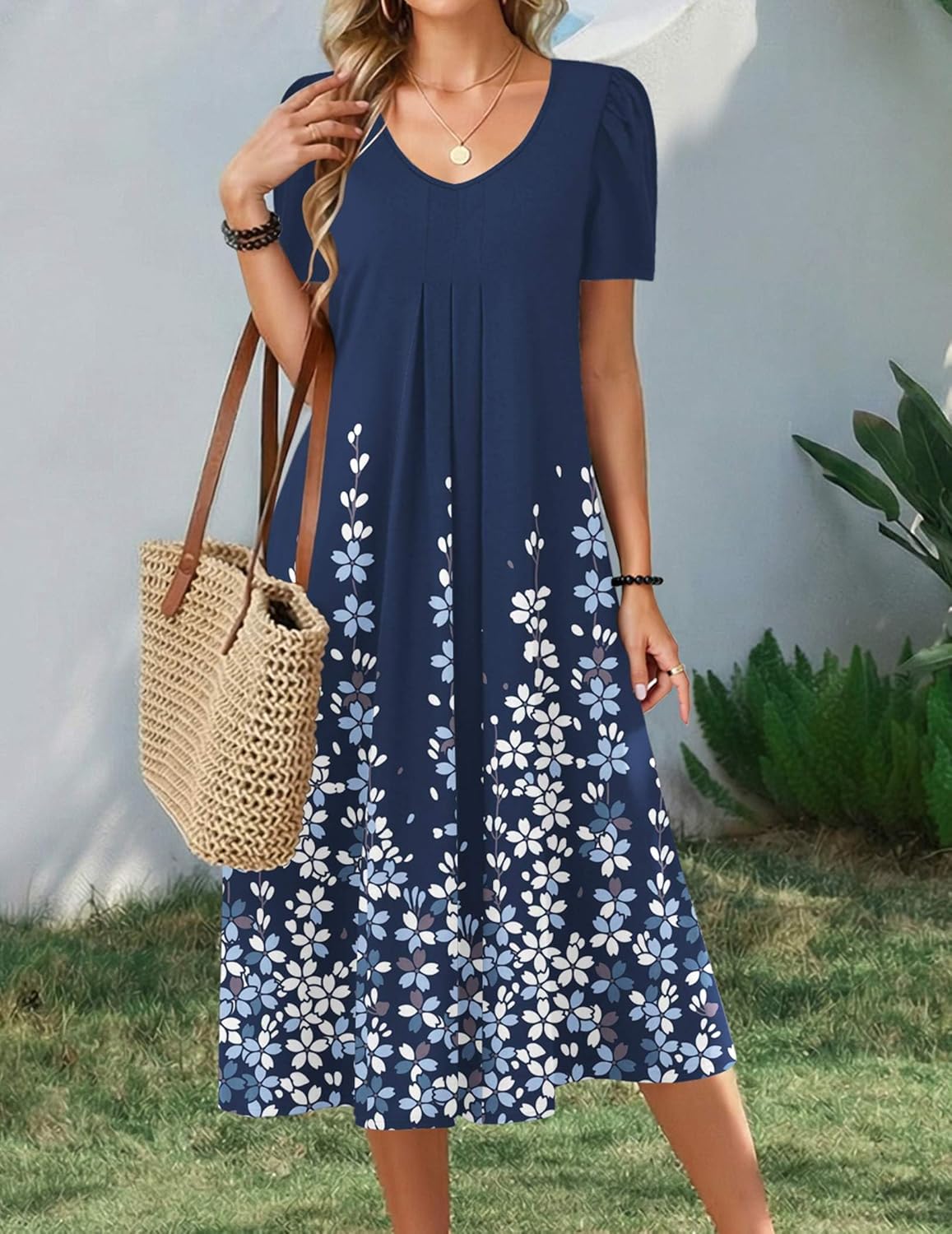 Zeagoo Summer Dress for Women Casual Floral Midi Sundress with Pockets V Neck Pleated Short Sleeve Aline Beach Vacation Dress