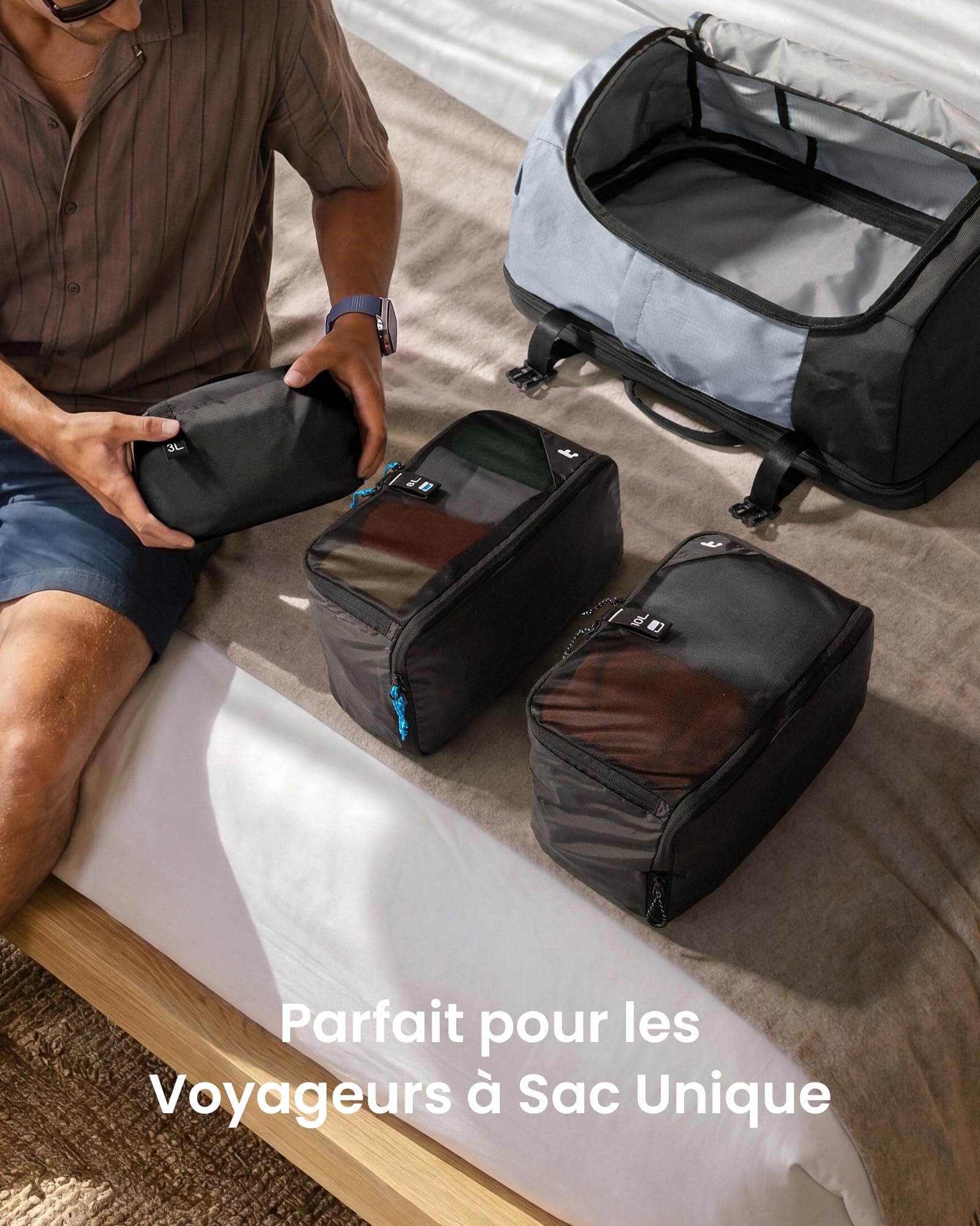 tomtoc Organisateur Valise 3 Pièces Sac de Compression Voyage Packing Cubes | Anti-odeurs, Sac Rangement Compartiment Valise Travel Essentials, Pochette de Accessoires de Voyage Organisateur Sac a Dos