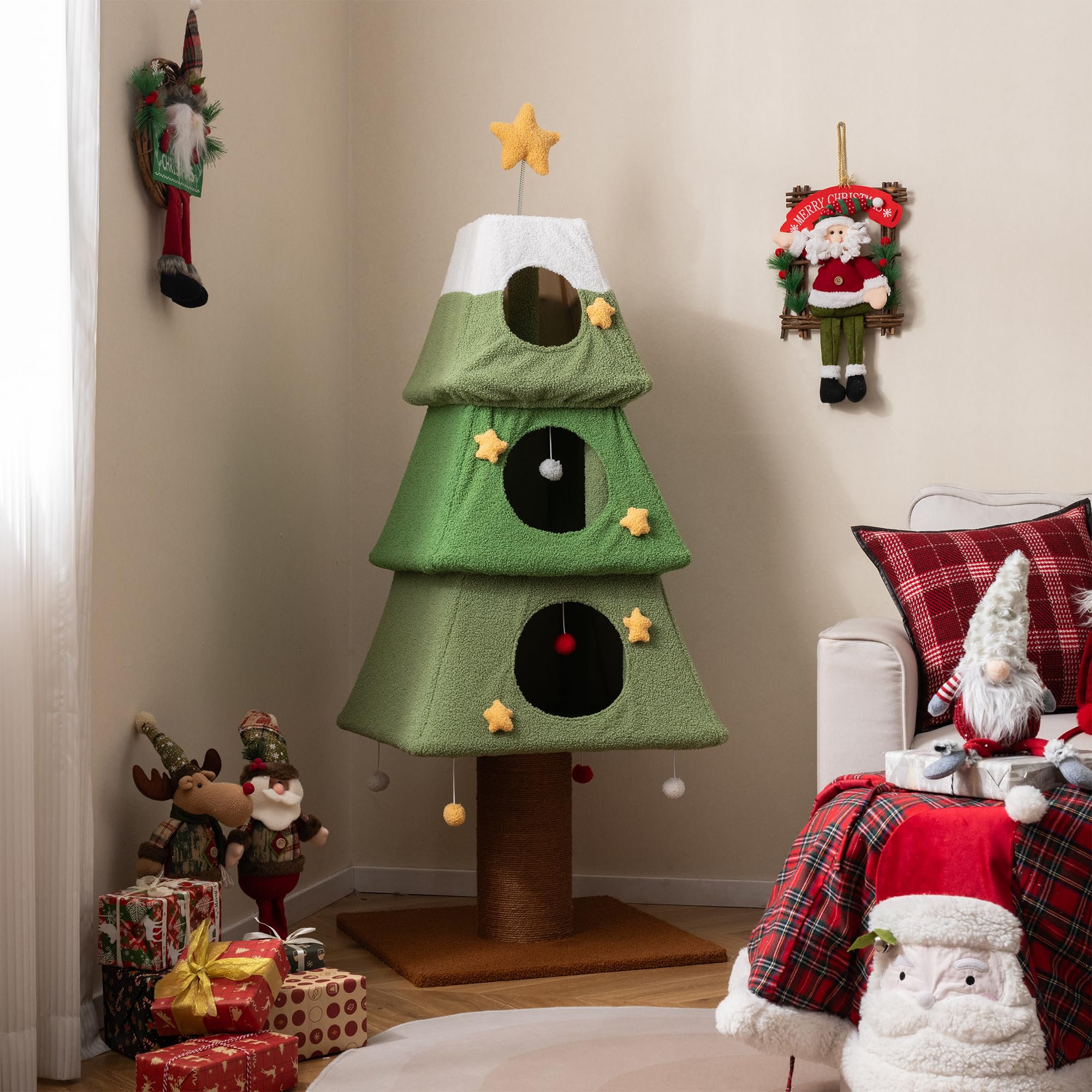 SOARS Árbol rascador de Navidad, 162 cm, con 3 cuevas, columna rascadora, tronco de 19 cm de grosor, bolas colgantes, árbol de Navidad, árbol de Navidad para gatos