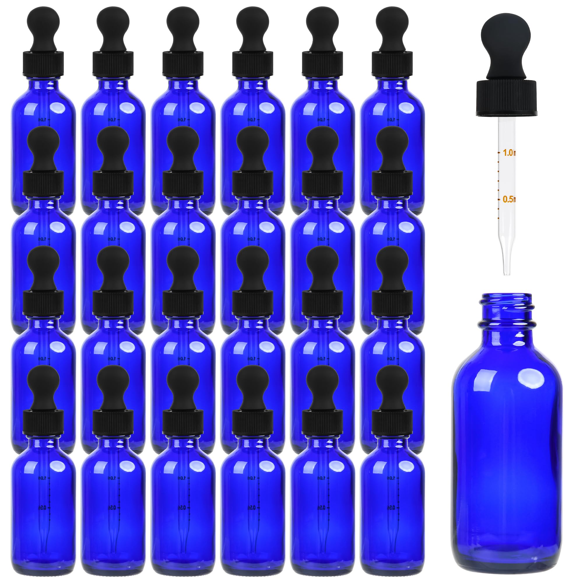 24 Stück blaue Tropfflaschen, 57 ml Glas-Tinkturflaschen mit gemessener Pipette und goldenen Kappen, auslaufsichere Reiseflaschen für ätherische Öle/Chemielabor, Chemikalien/Kölner und Parfums