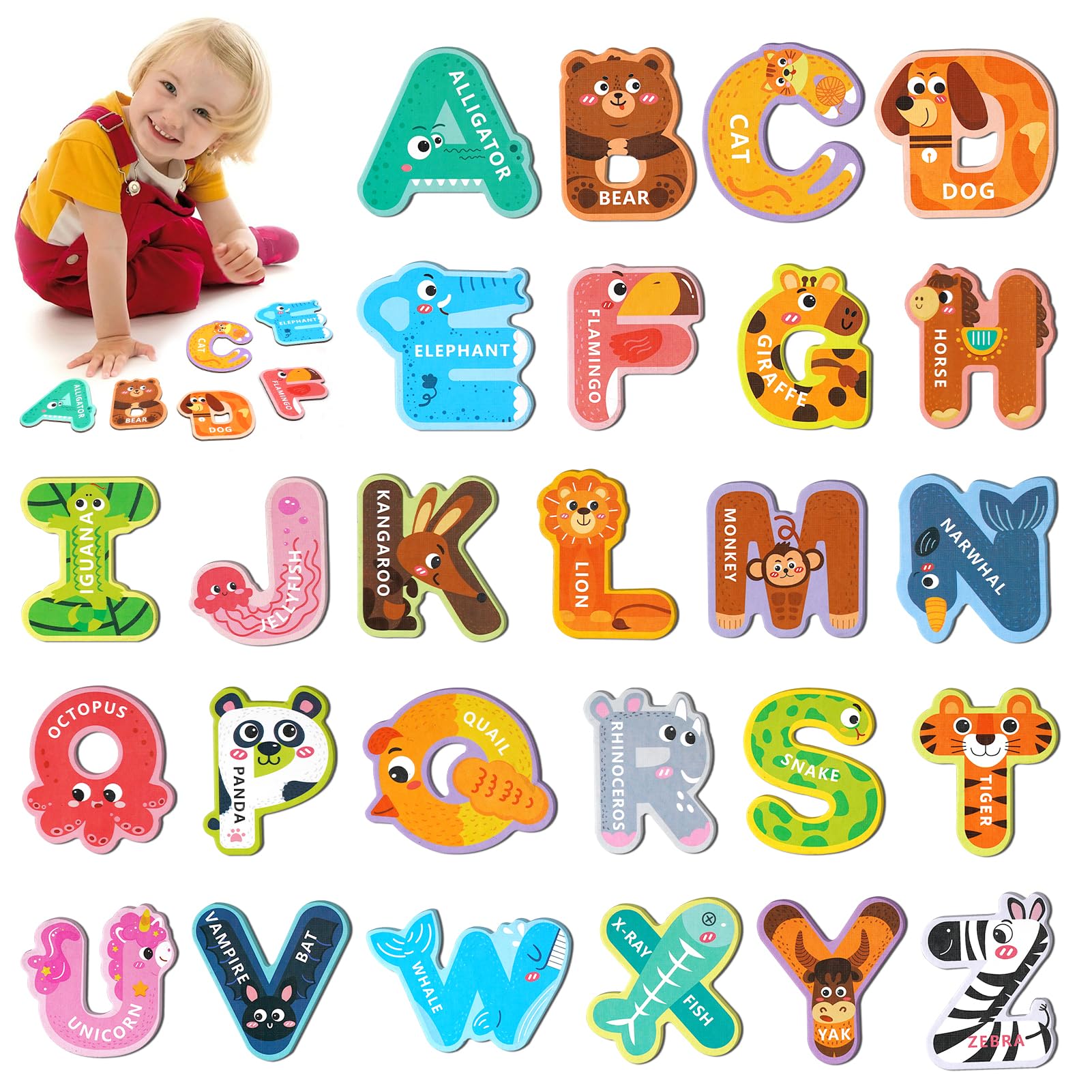 Magnetic Letters for Toddlers 1-3, 26PCS Cute Animal Alphabet Magnets Letters Learning Toys for Toddlers 1-3 Uppercase ABC Magnets for Refrigerator Best Gifts for Birthday Christmas Stocking Stuffers