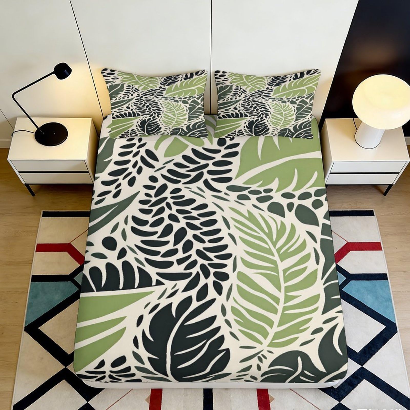 3D Printed Leaf Botanical Fitted Sheet Microfiber Soft Green Nature Fern Bed Cover for Bedroom Dorm Decor Mattress Protection 90x200x25cm