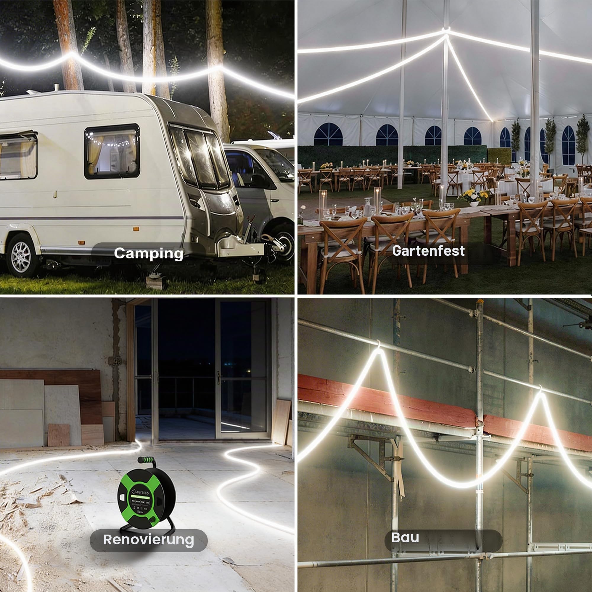 auralab AC LED Kabeltrommel 25m, 25.000 Lumen Superhell 4000K, IP65 Temporäre LED Streifen Baustellenbeleuchtung, Koppelbar bis zu 100m, LED Streifen mit Trommel mit 10 S-Haken & 10 Riemen