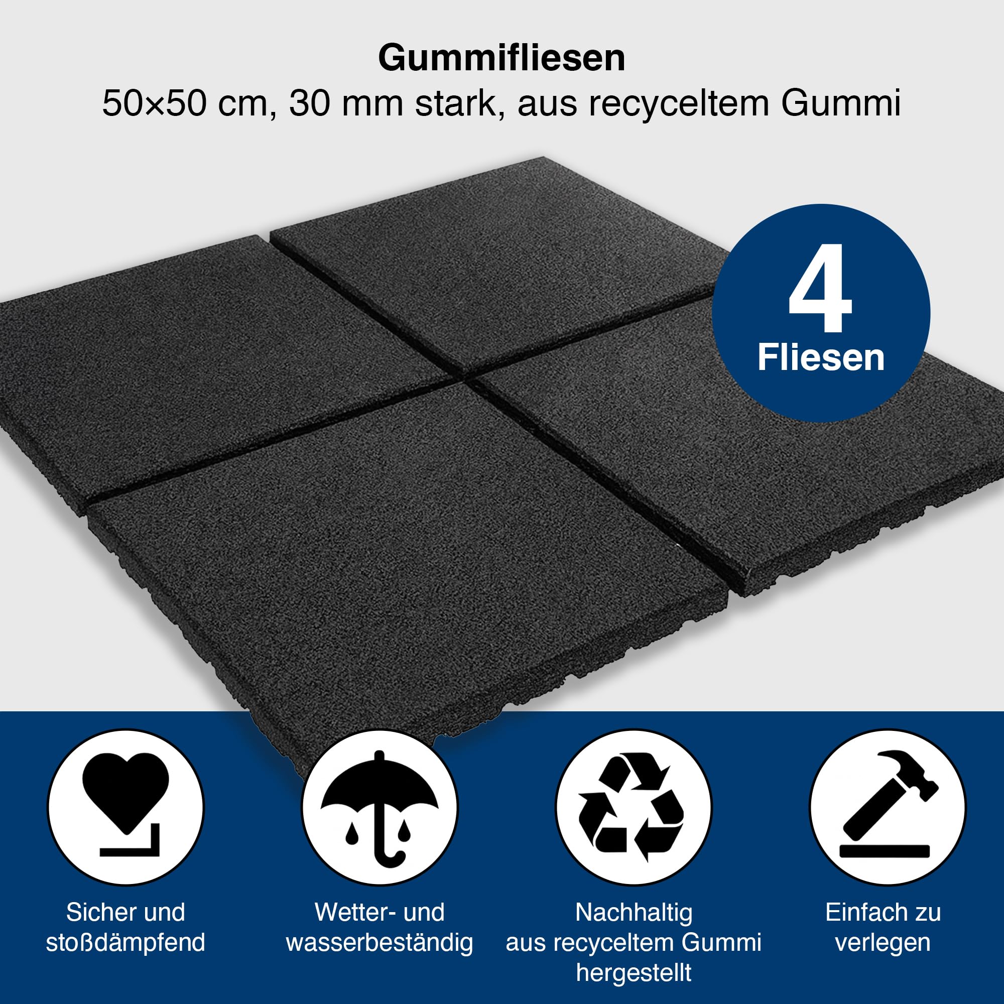 Vivol Gummifliesen Schwarz 30mm - 1m² (4 Gummi Fliesen à 50 x 50 cm) - Fallschutz Matte für Spielplätzen - Bodenbelag unter Waschmaschine und Trockner