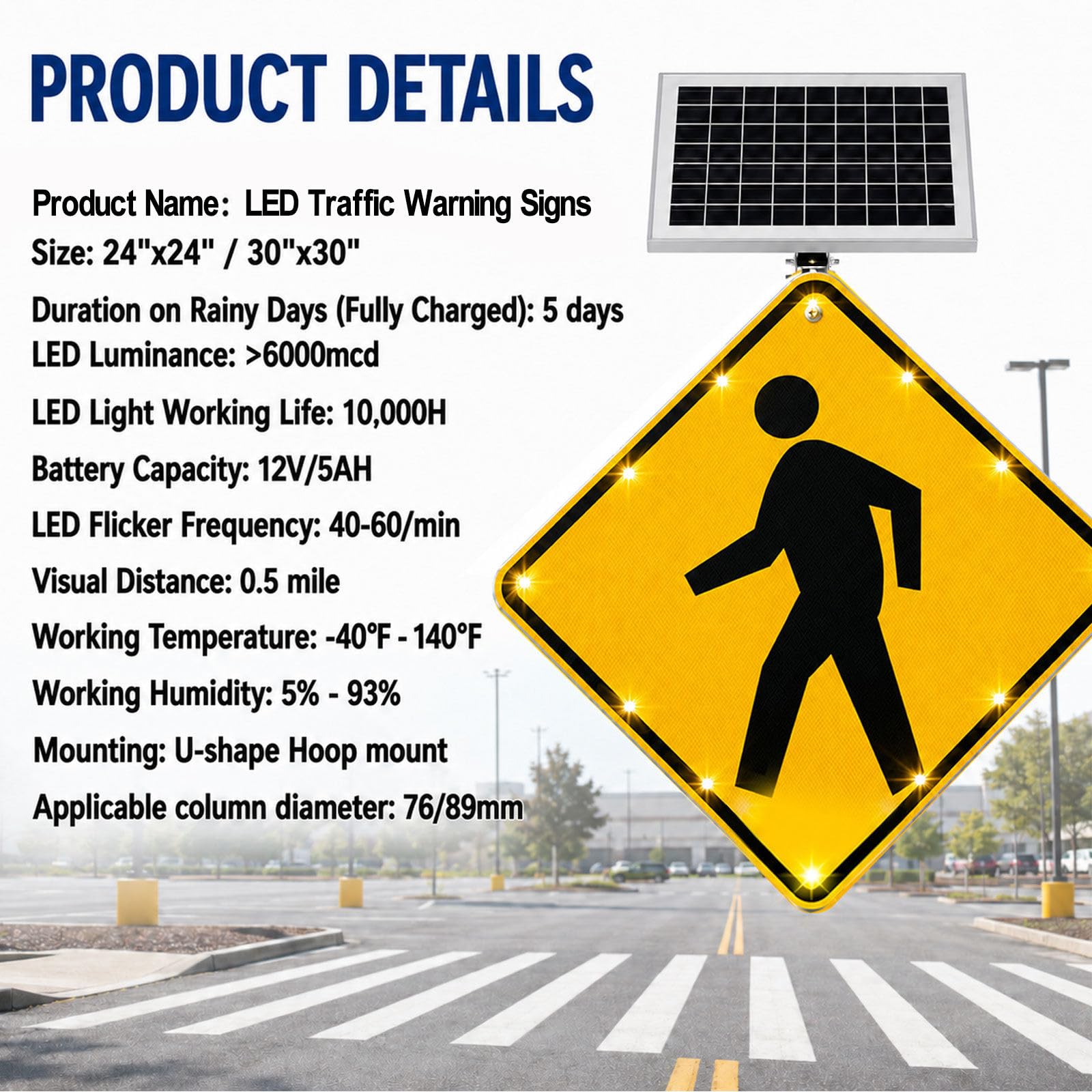 Señal de Paso de peatones Solar de 30 Pulgadas, 12 Luces 24IN | pulgadas de espesor total, distancia visual de 800 m, para entradas de vehículos e intersecciones de parques industriales