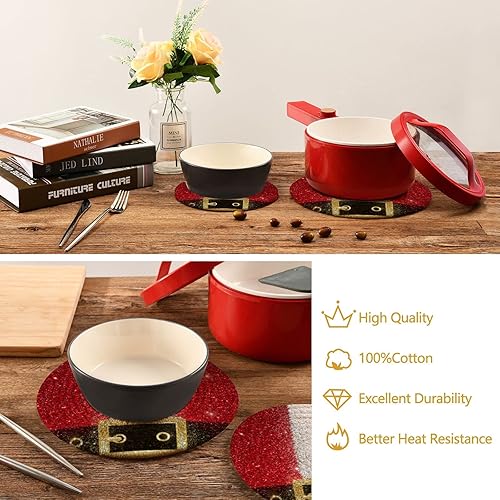 Miniatura 4 de Juego de 2 soportes para ollas de cocina con cinturón de Papá Noel, color rojo de Navidad, algodón puro, tejido de hilo redondo, almohadillas