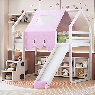 Twin House Loft Bed with Stairs and Slide, Wooden House Loft Bed with Storage Shelves, Stairway Playhouse Bed with Roof Tent and Ladder for Kids Boys Girls, No Box Spring Needed, Pink White