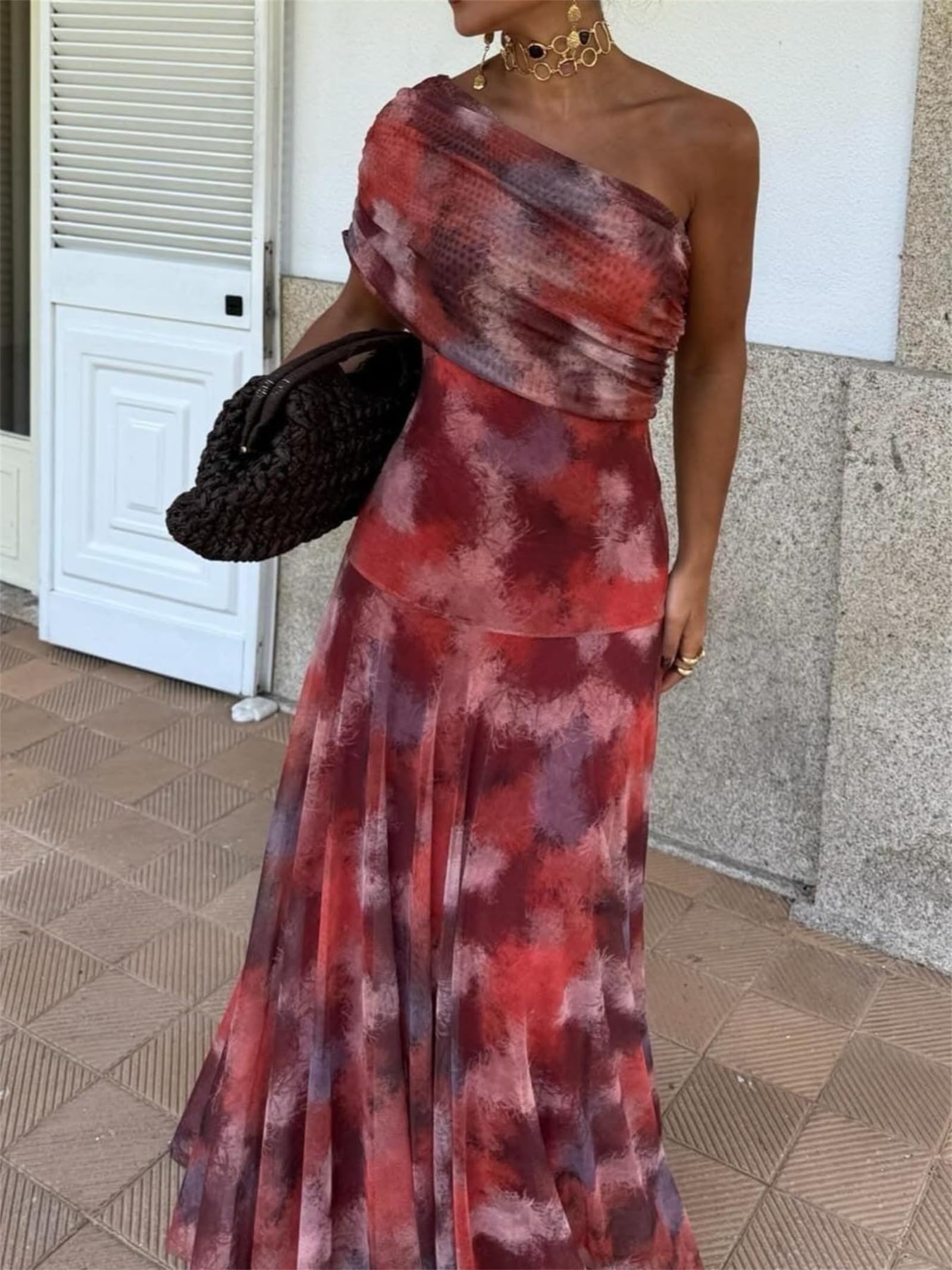 Abito Lungo Aderente da Donna Sexy con Spalle Scoperte, in Chiffon, svolazzante, Casual, per Feste, Matrimoni, Senza Maniche, Plissettato