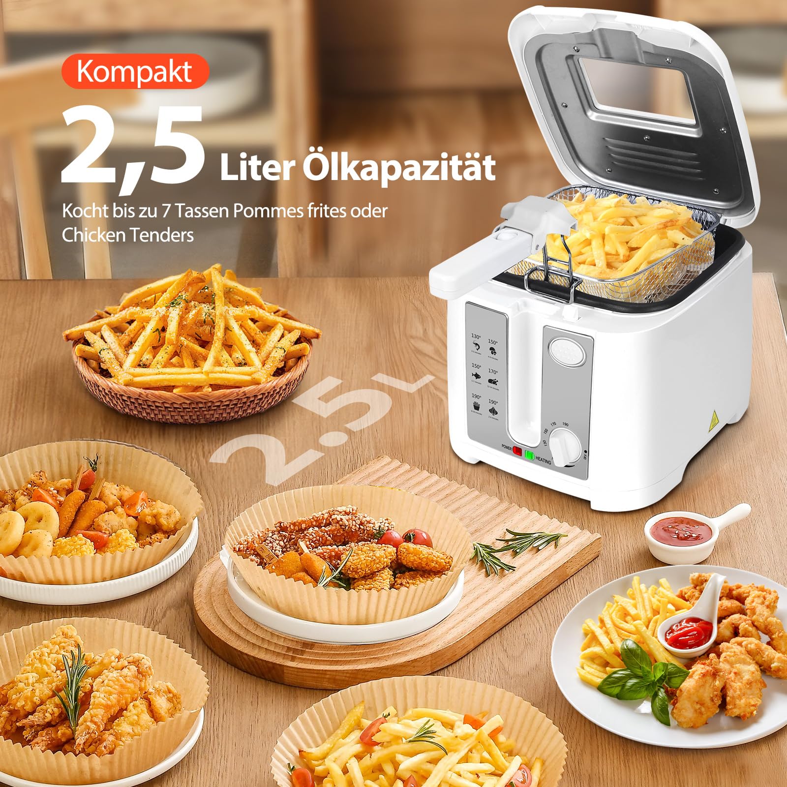 Aigostar Fritteuse mit öl 1650W, Fritteuse 2.5L für 1-2 Personen, Sichtfenster & Einstellbare Temperatur (130-190°C), Kontrollleuchte, Kompaktes Design, Antihaftbeschichtung, Weiß