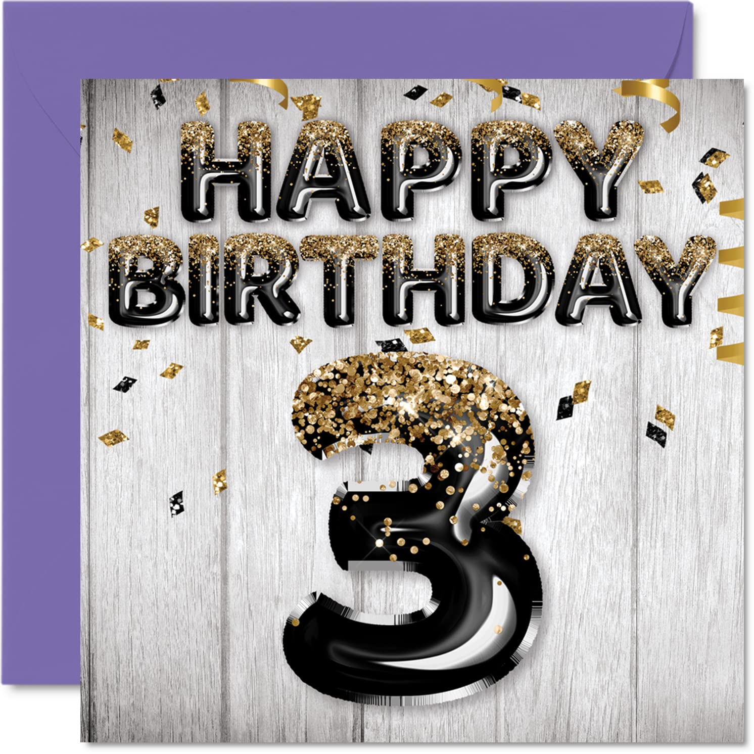 3rd Birthday Card for Boys - Black & Gold Glitter Balloons - Happy Birthday Cards for 3 Year Old Boy Son Brother Grandson Cousin, 145mm Bday Greeting Cards Gift