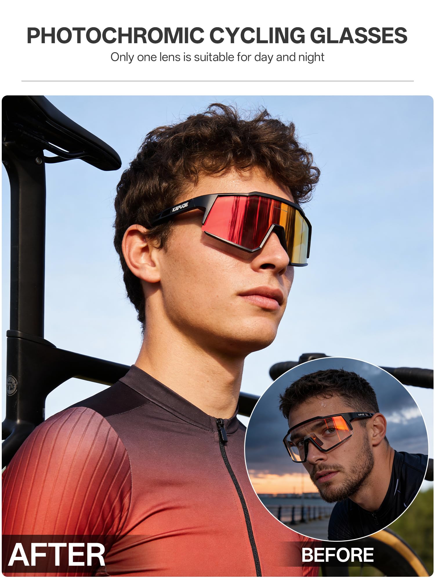 KAPVOE Photochromatische Selbsttönend Fahrradbrille TR90 Rahmen für Herren Damen Klar Sportsonnenbrille Sport Radfahren MTB Radbrille Sportbrille Fahren Baseball Laufen K9022