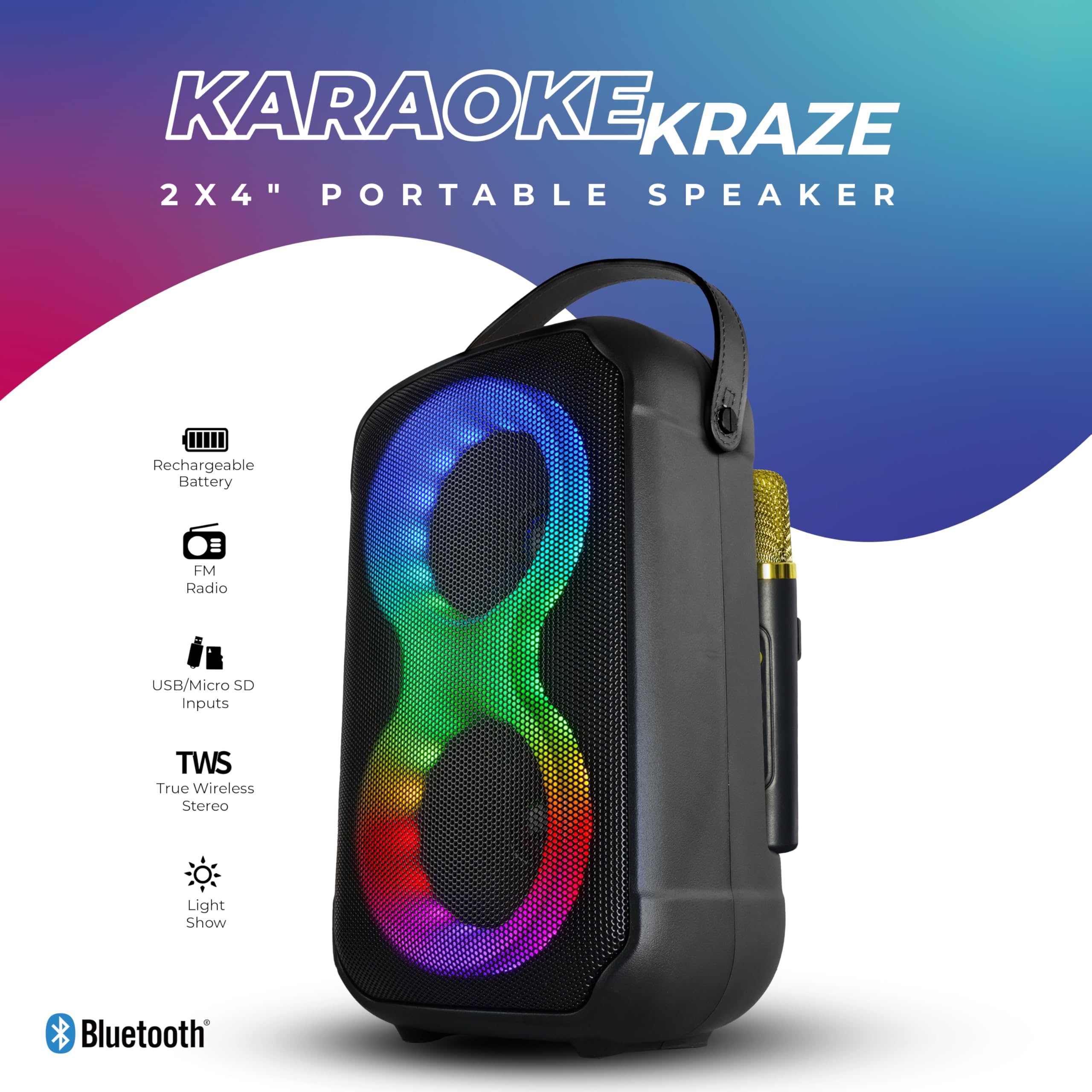IQ Sound IQ-3704BT Karaoke Kraze 2x4-inch Portable Bluetooth Speaker, TWS, LED Lights, Wireless Mic, FM Radio, USB & Micro SD, 16W RMS, Voice Effects, Carry Handle -Perfect for Parties & Events!
