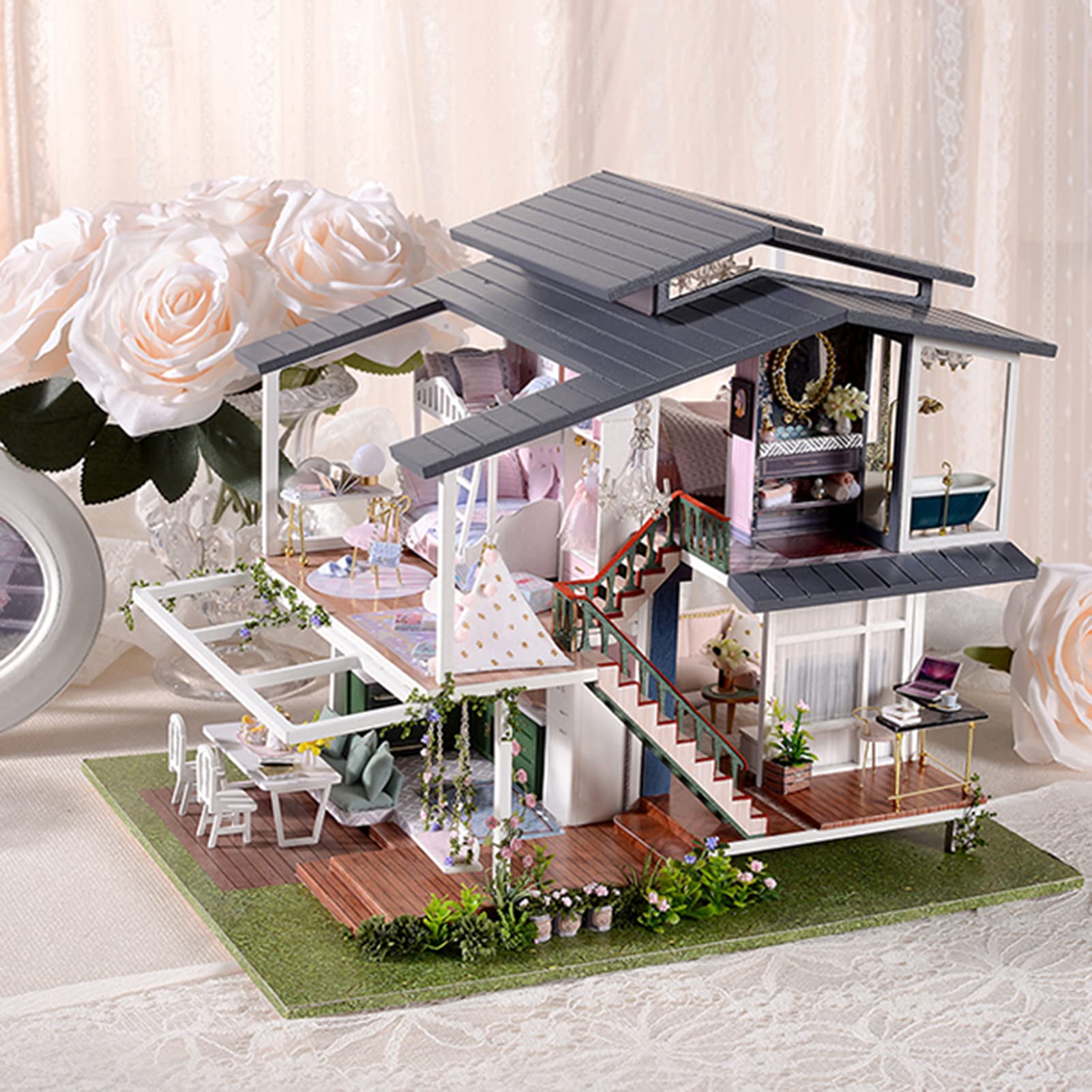 DIY Mini-Puppenhaus-Bausatz, Romantische 3D-Gartenvilla aus Holz für Bastelliebhaber, 12,6 X 9,6 X 9,3 Zoll, Komplett mit LED-Beleuchtung