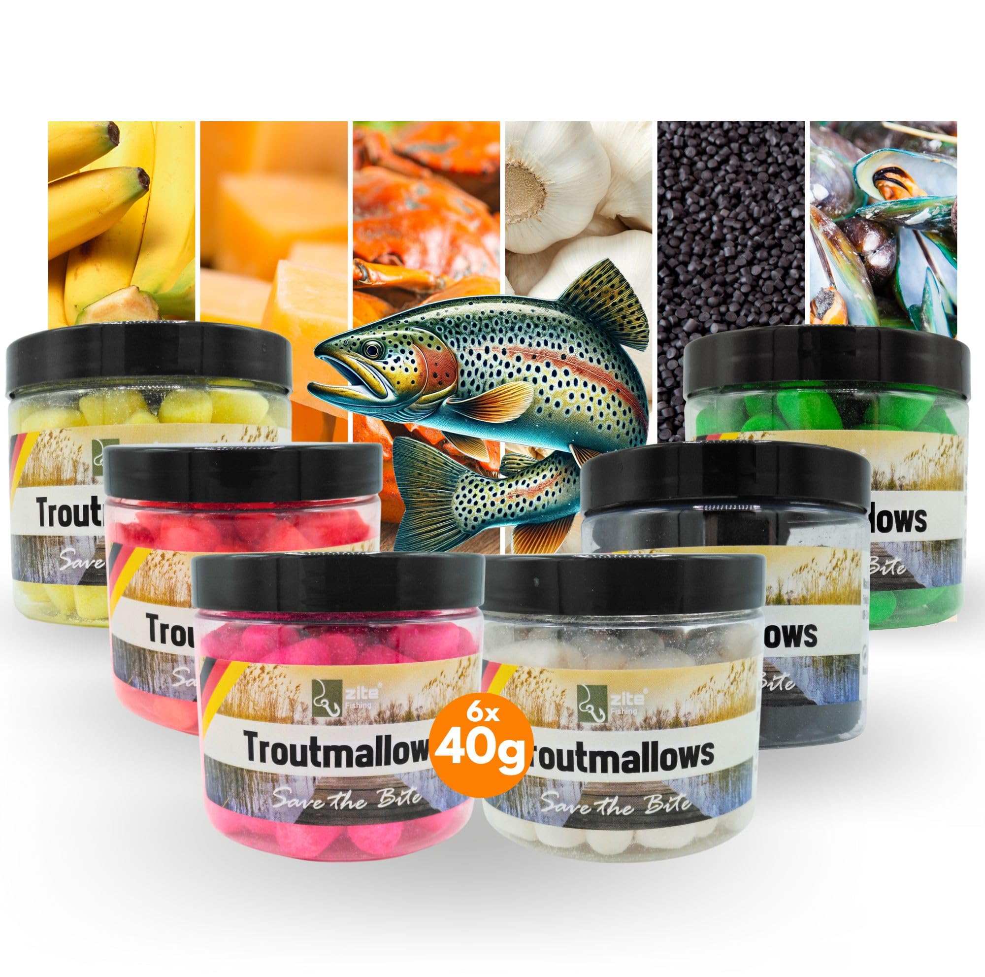 Zite Fishing Trout Mallows Forellenköder - Hochfängiger Forellenteig auftreibend - Troutmallows Starke Aromen & Leuchtende Farben 40g Dose Forellen Köder
